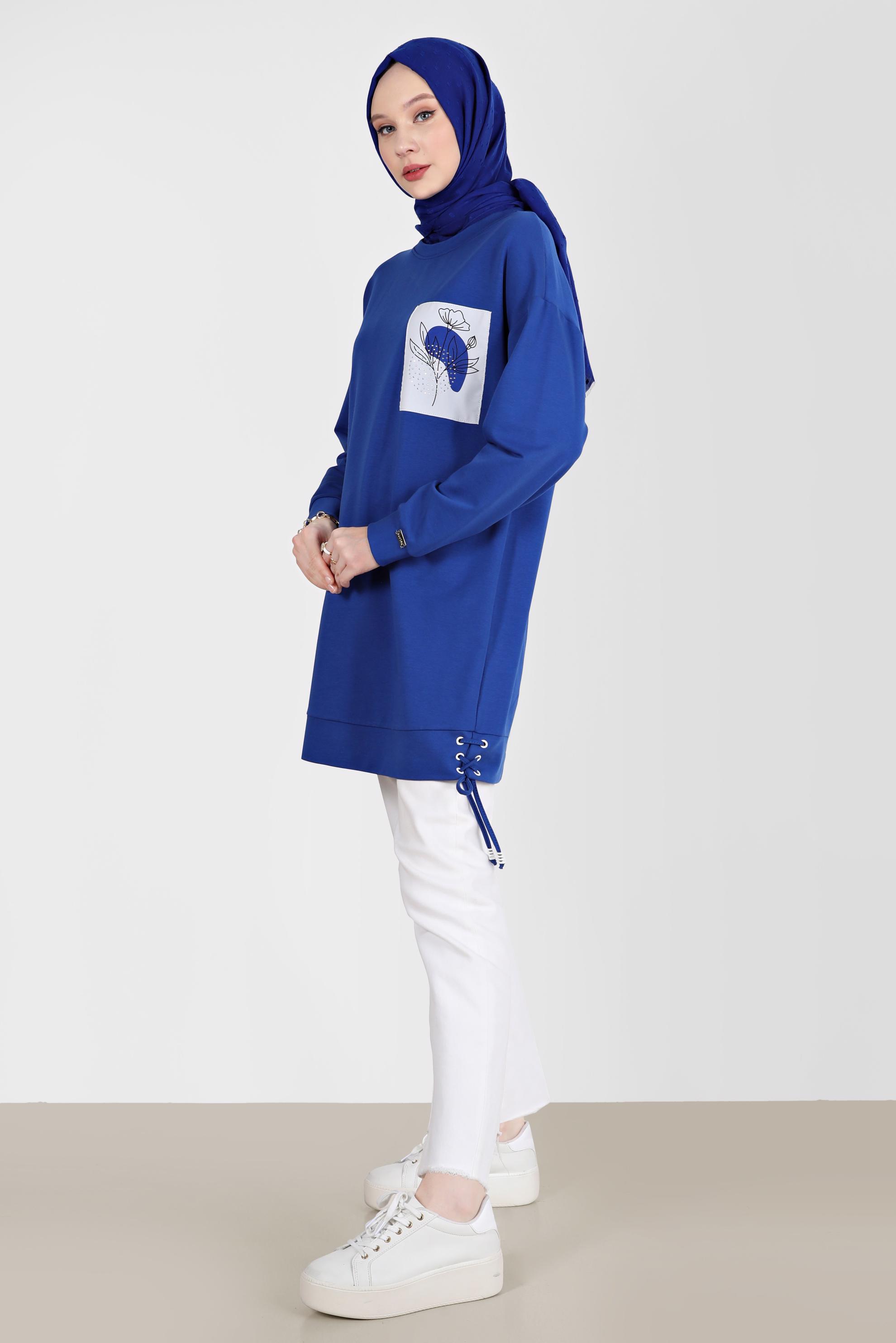 Tesettür giyim LACİVERT KUŞGÖZÜ DETAYLI BASKILI TUNİK 42597 