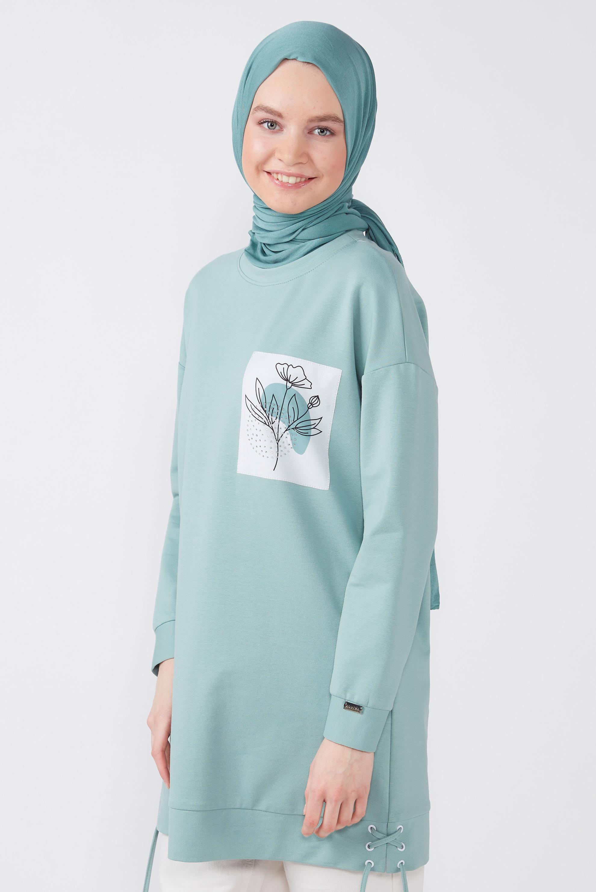 Tesettür giyim MAVİ KUŞGÖZÜ DETAYLI BASKILI TUNİK 42597 