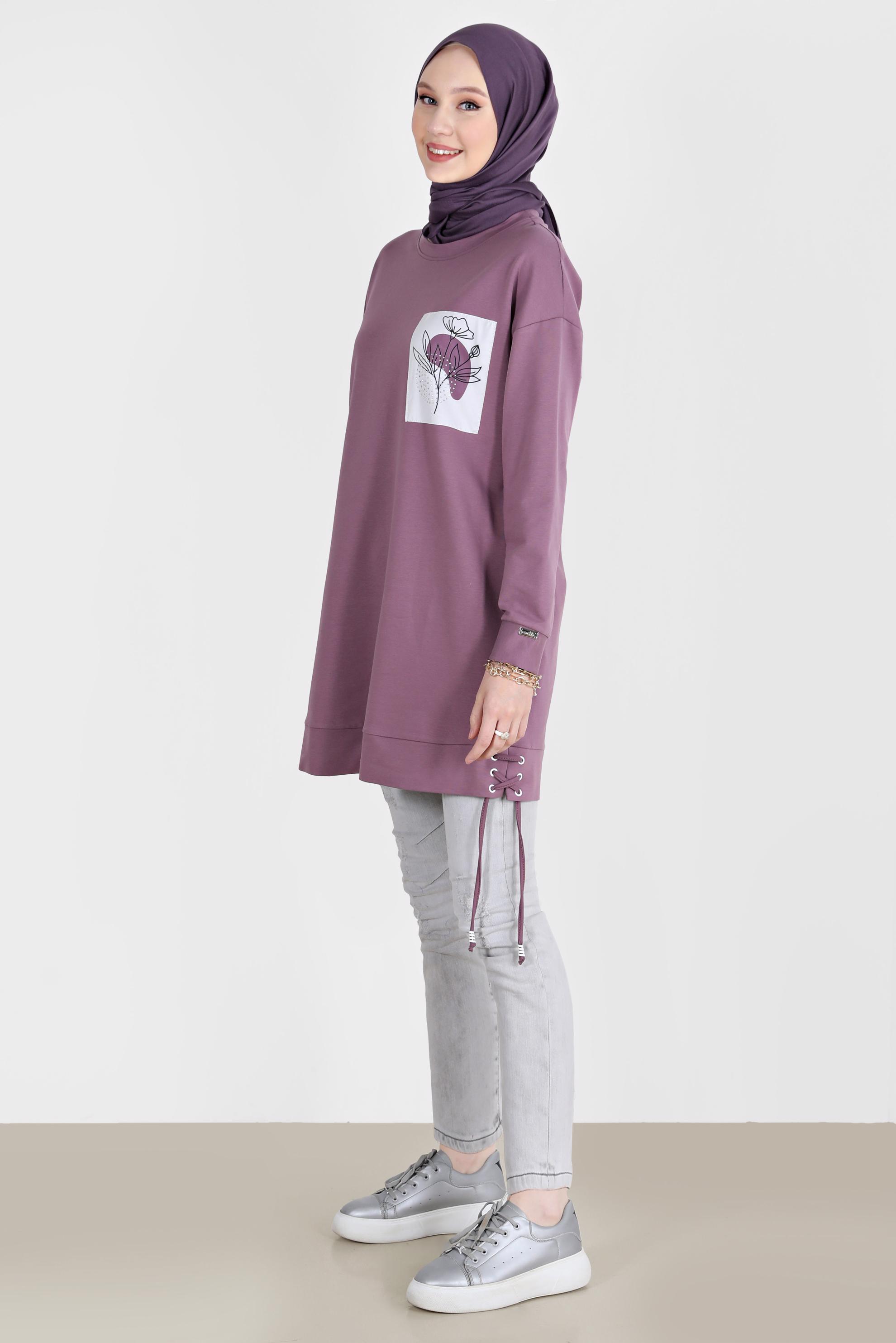 Tesettür giyim MOR KUŞGÖZÜ DETAYLI BASKILI TUNİK 42597 