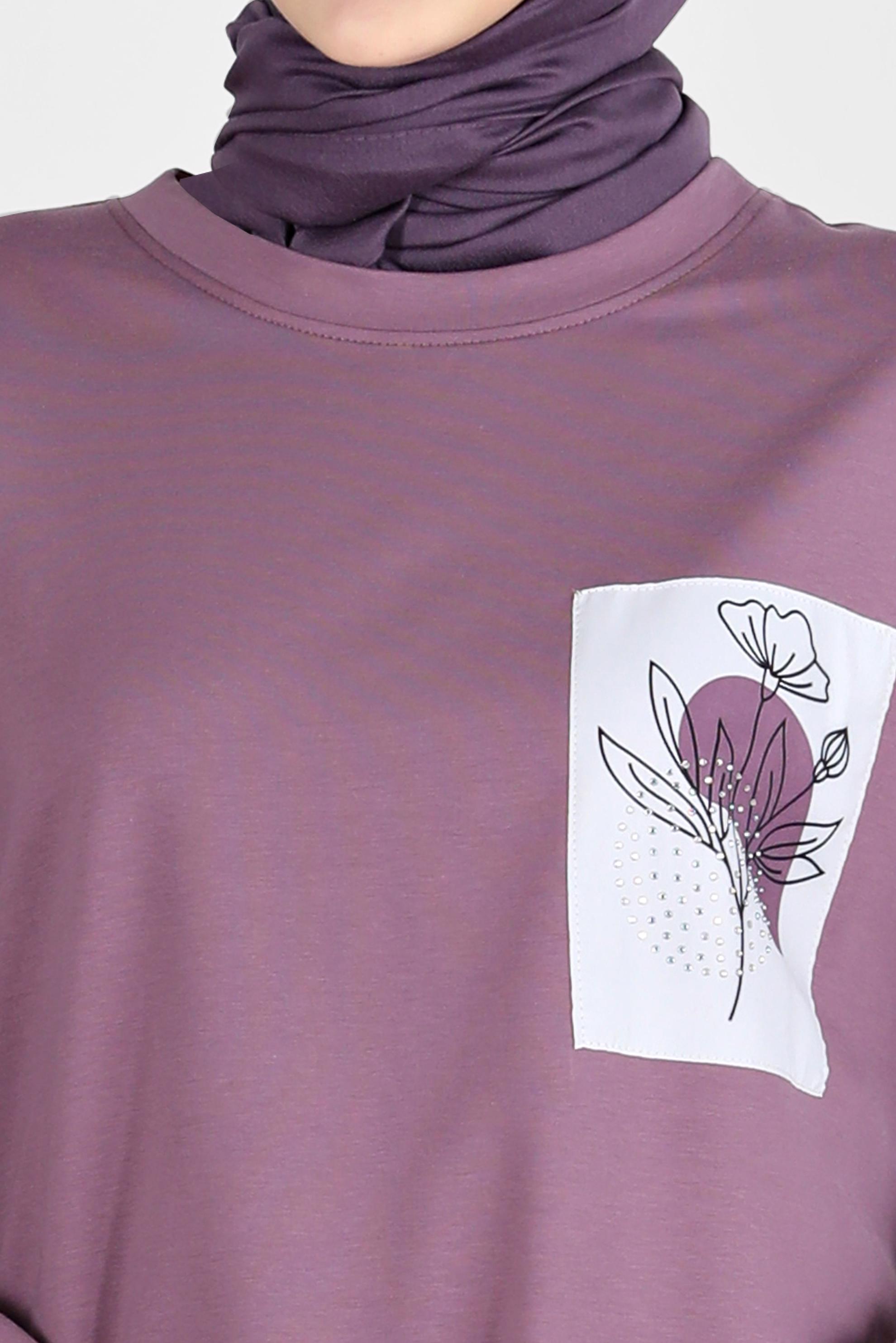 Tesettür giyim MOR KUŞGÖZÜ DETAYLI BASKILI TUNİK 42597 