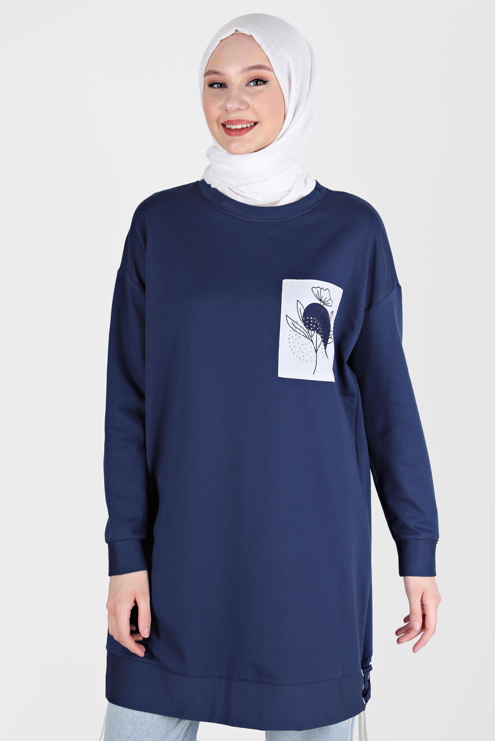 Tesettür giyim LACİVERT KUŞGÖZÜ DETAYLI BASKILI TUNİK 42597 