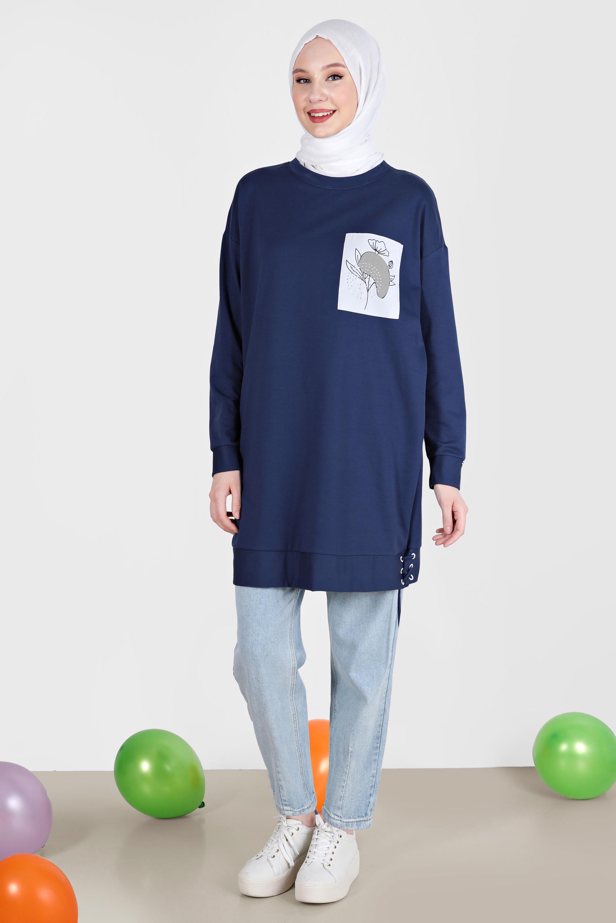 Tesettür giyim LACİVERT KUŞGÖZÜ DETAYLI BASKILI TUNİK 42597 