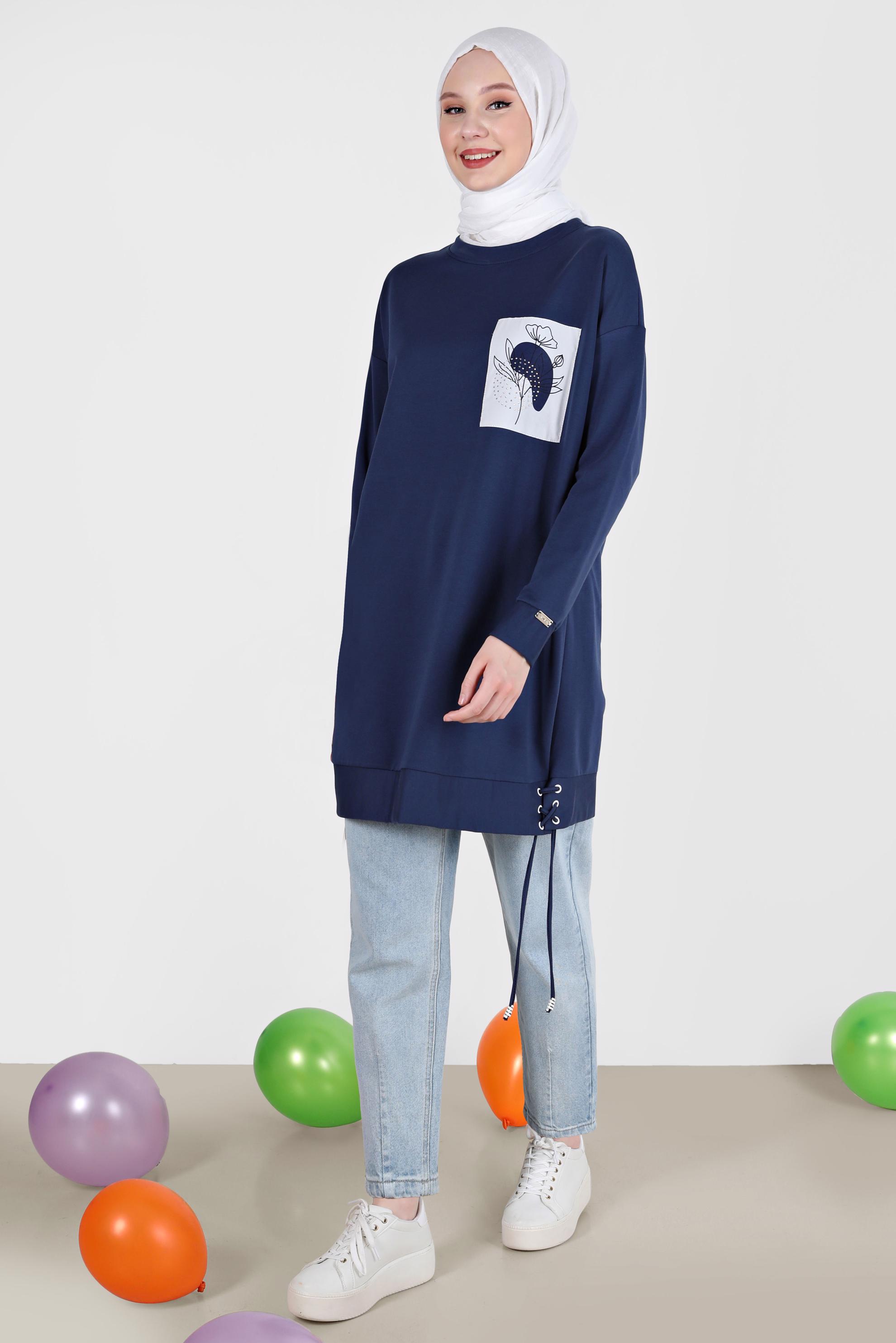 Tesettür giyim LACİVERT KUŞGÖZÜ DETAYLI BASKILI TUNİK 42597 