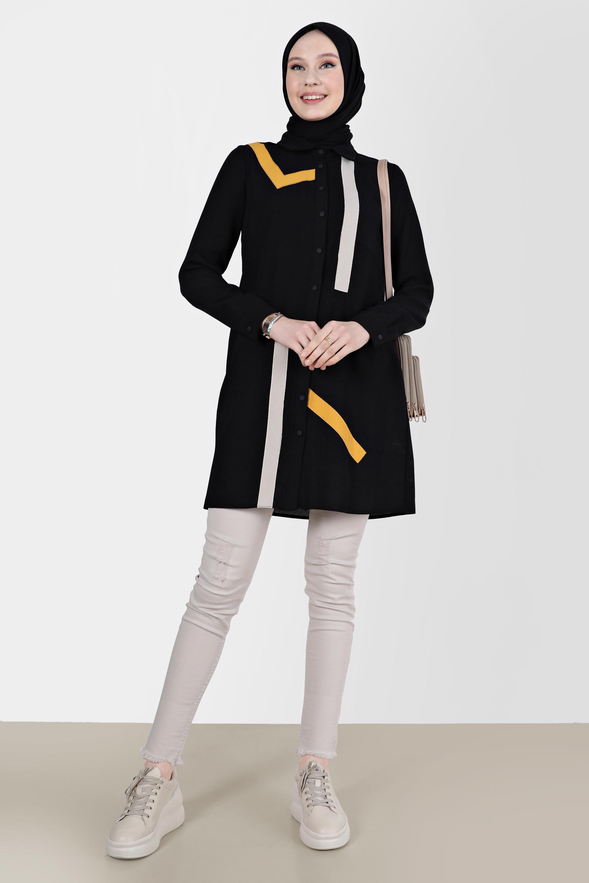 Tesettür giyim SİYAH GEOMETRİK ŞEKİL DETAYLI TUNİK 42602 