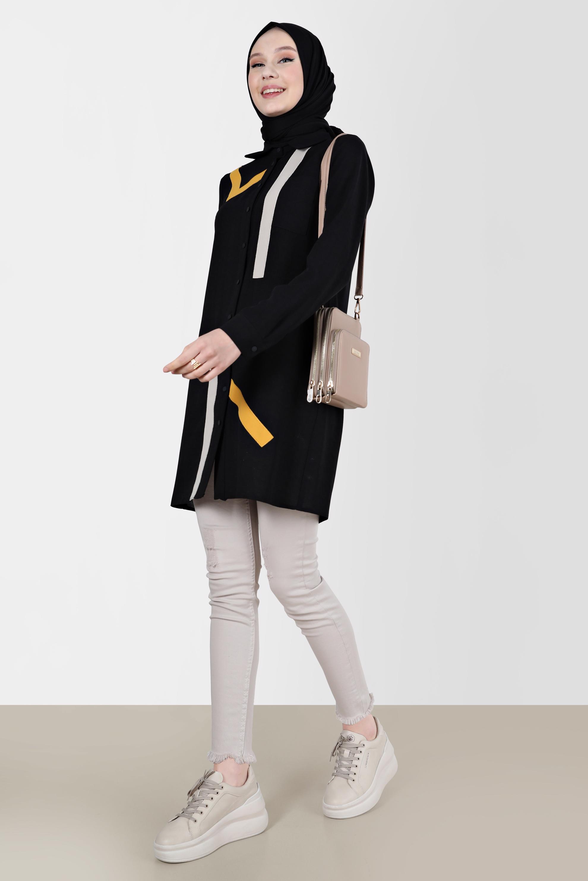 Tesettür giyim SİYAH GEOMETRİK ŞEKİL DETAYLI TUNİK 42602 