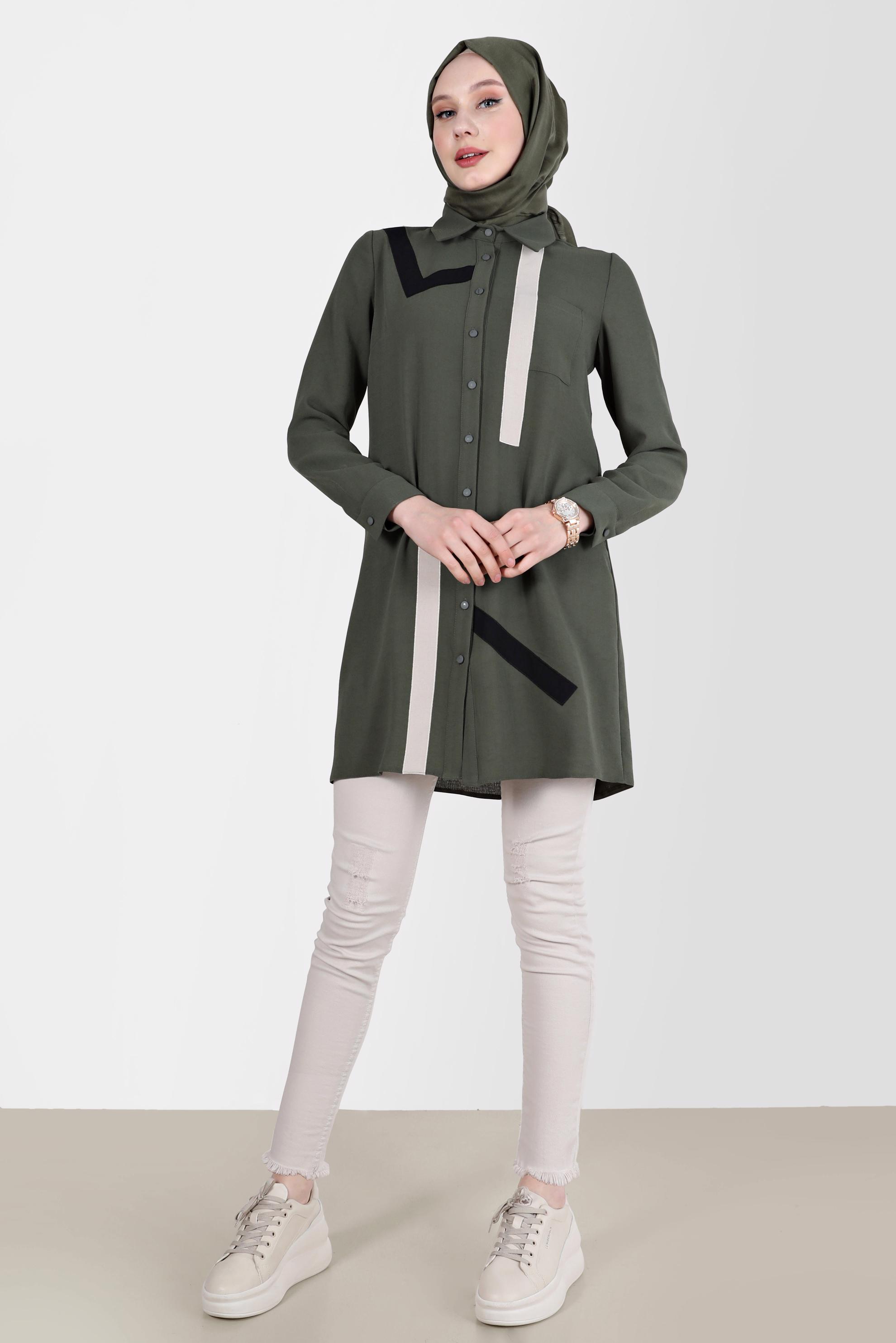 Tesettür giyim HAKİ GEOMETRİK ŞEKİL DETAYLI TUNİK 42602 