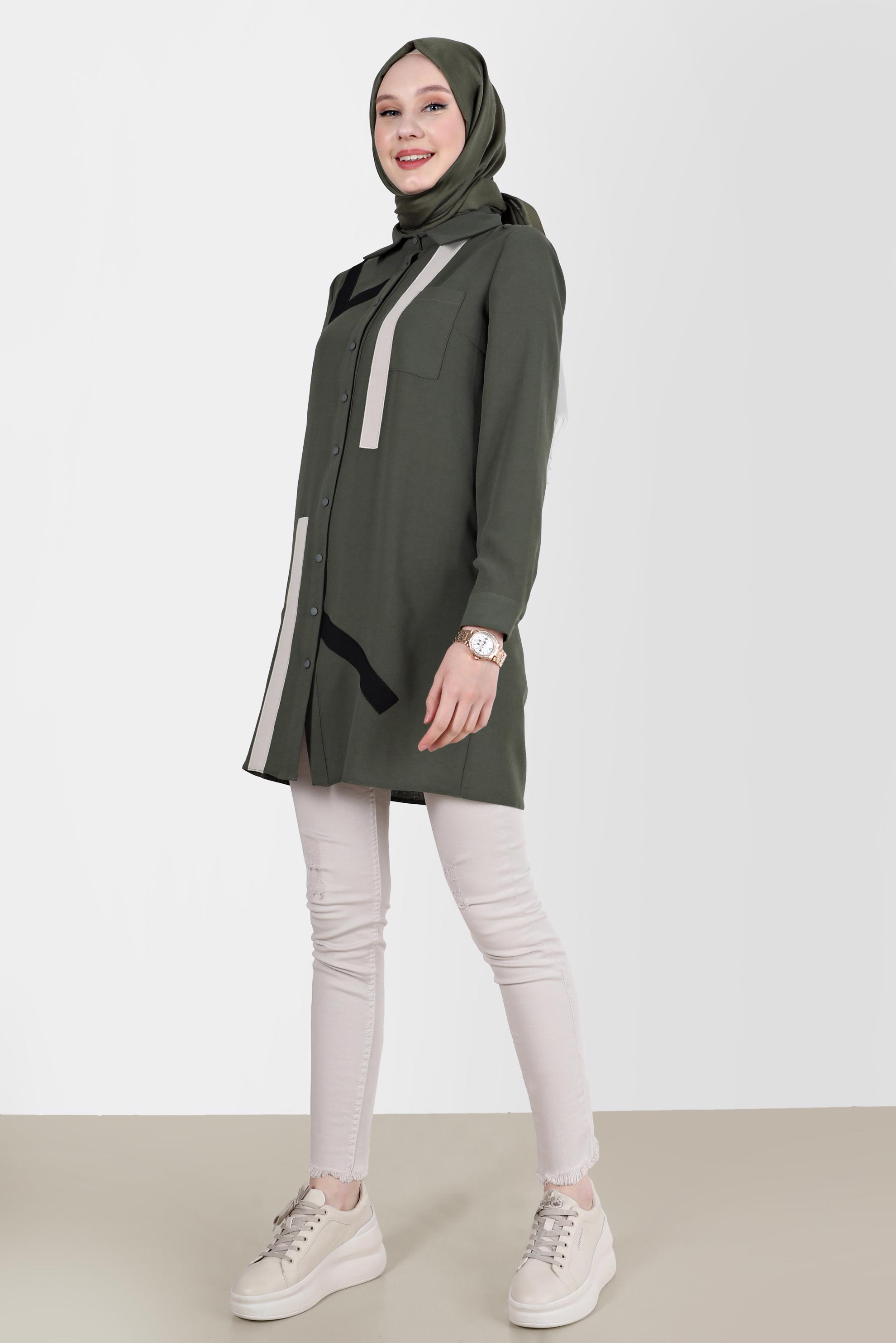 Tesettür giyim HAKİ GEOMETRİK ŞEKİL DETAYLI TUNİK 42602 