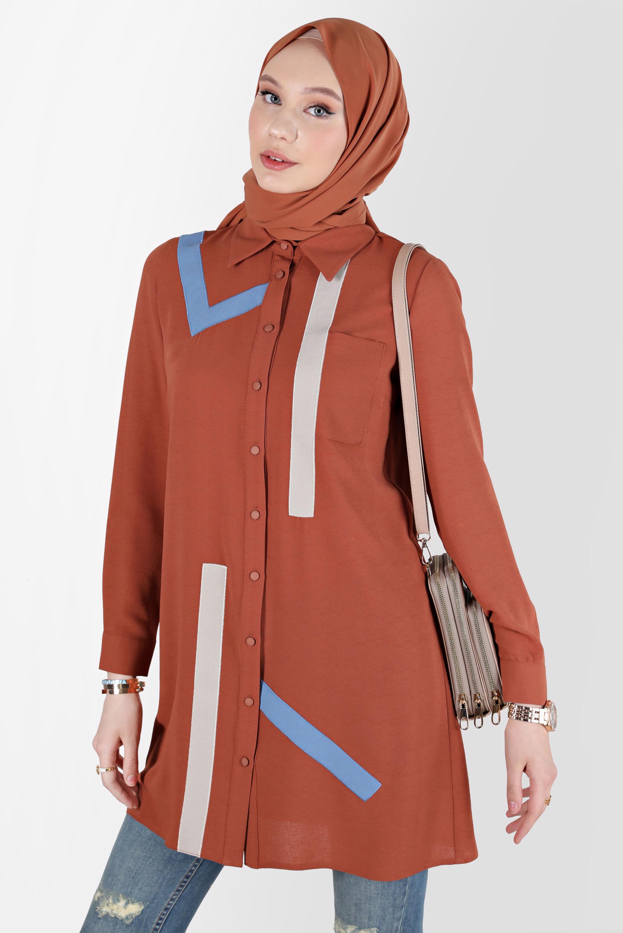 Tesettür giyim TURUNCU GEOMETRİK ŞEKİL DETAYLI TUNİK 42602 