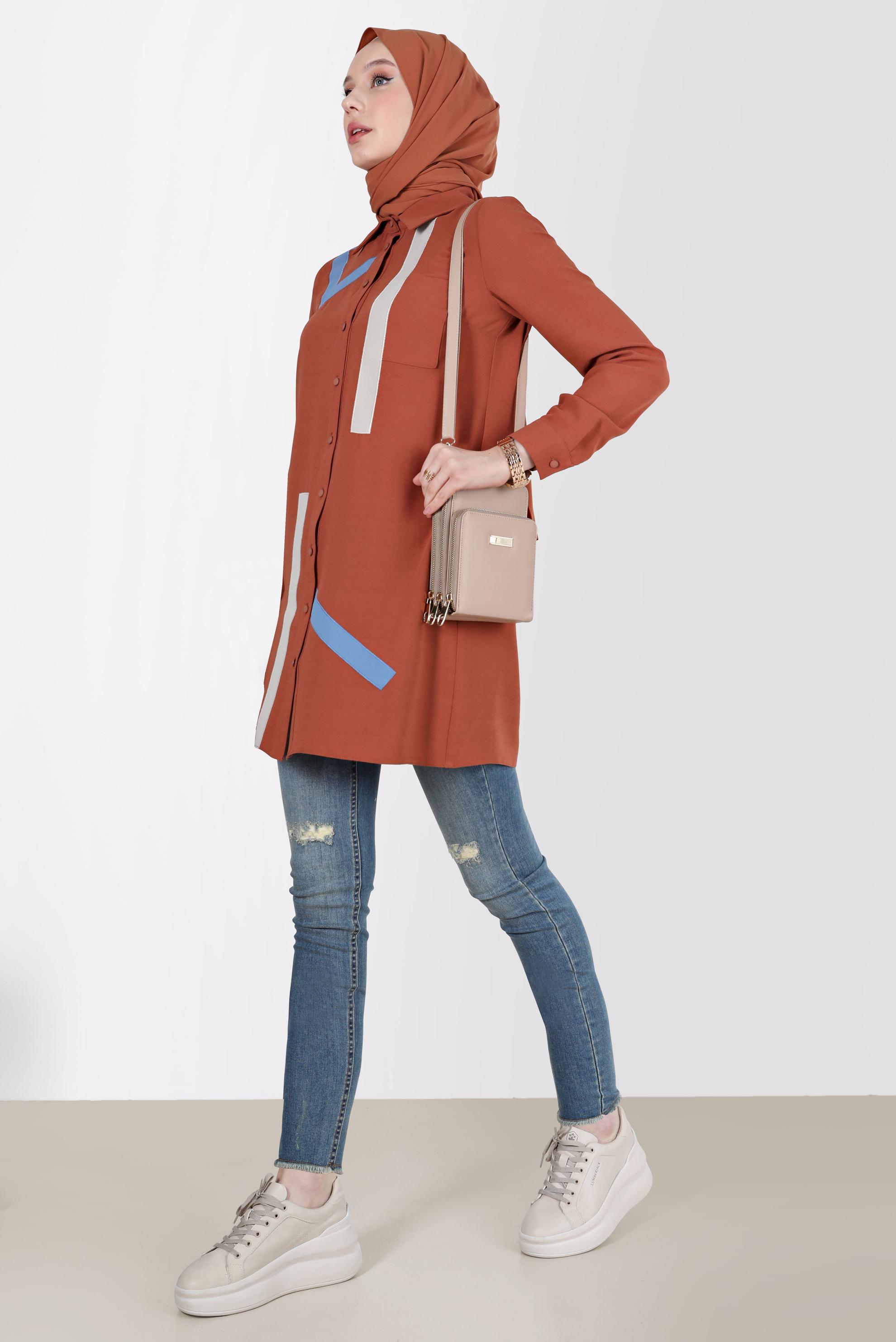 Tesettür giyim TURUNCU GEOMETRİK ŞEKİL DETAYLI TUNİK 42602 