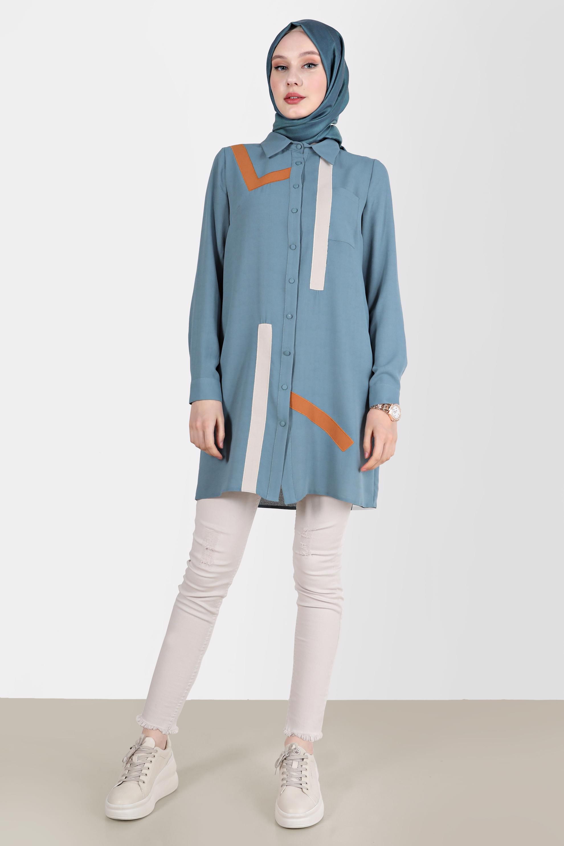 Tesettür giyim MAVİ GEOMETRİK ŞEKİL DETAYLI TUNİK 42602 