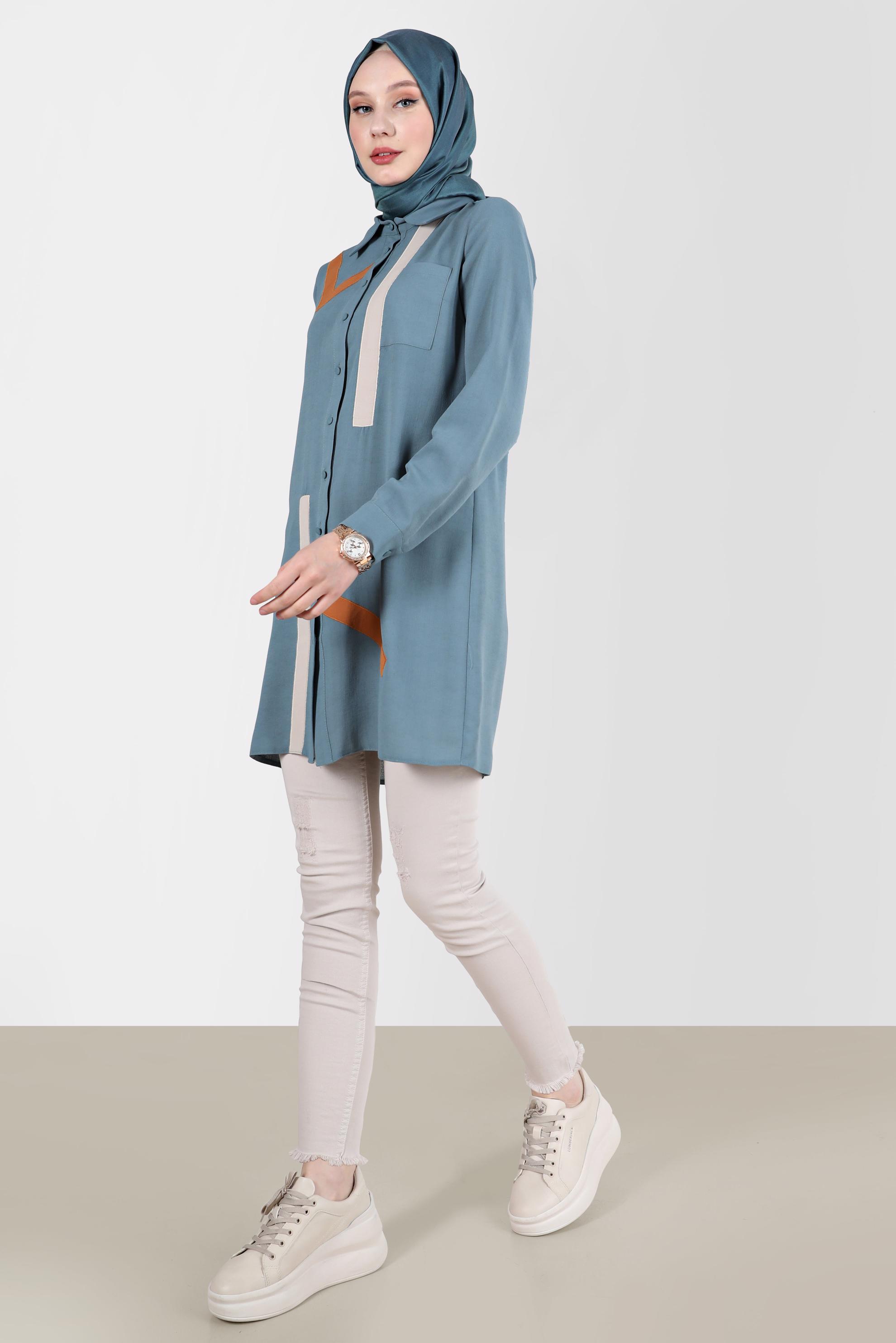 Tesettür giyim MAVİ GEOMETRİK ŞEKİL DETAYLI TUNİK 42602 