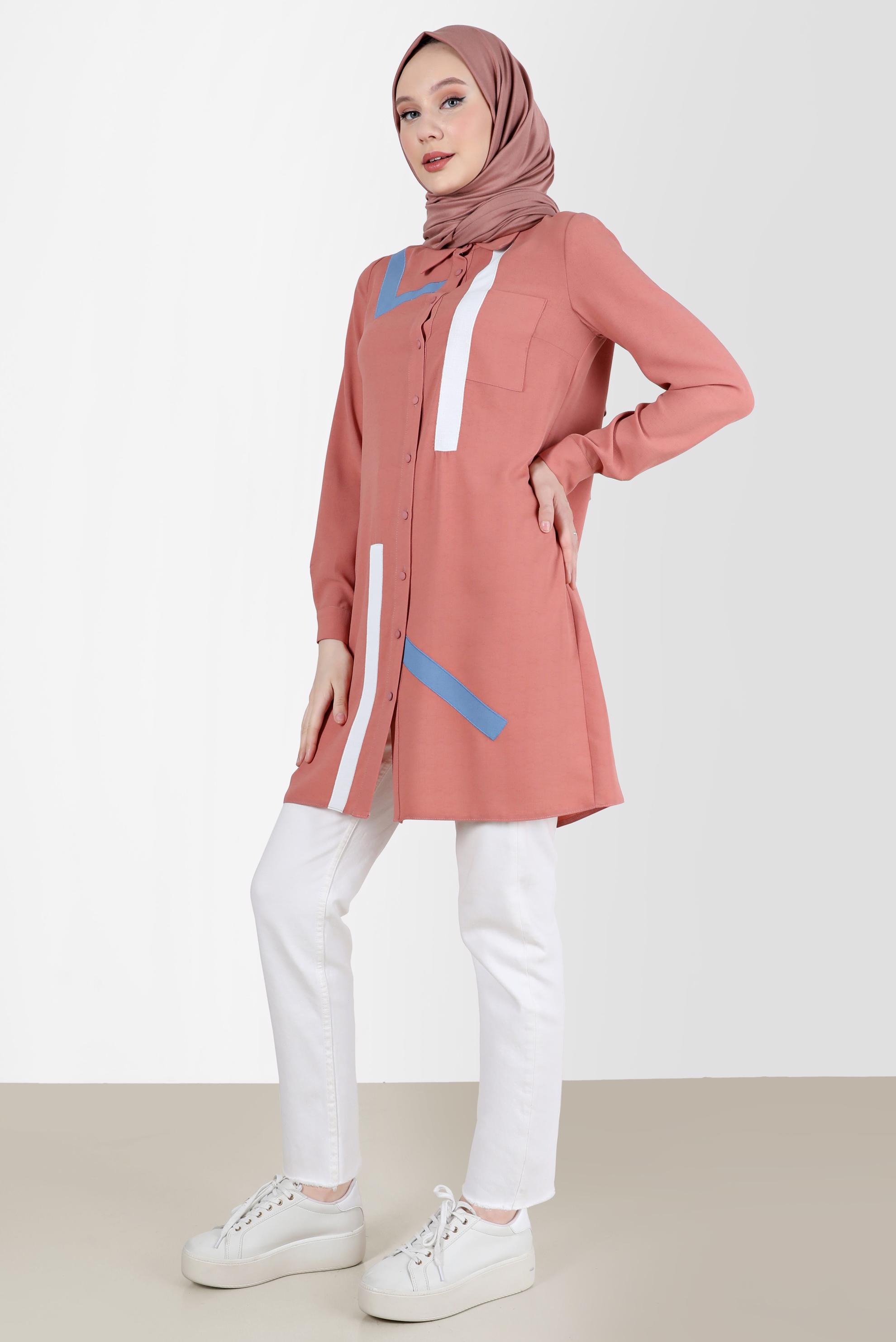 Tesettür giyim PUDRA GEOMETRİK ŞEKİL DETAYLI TUNİK 42602 