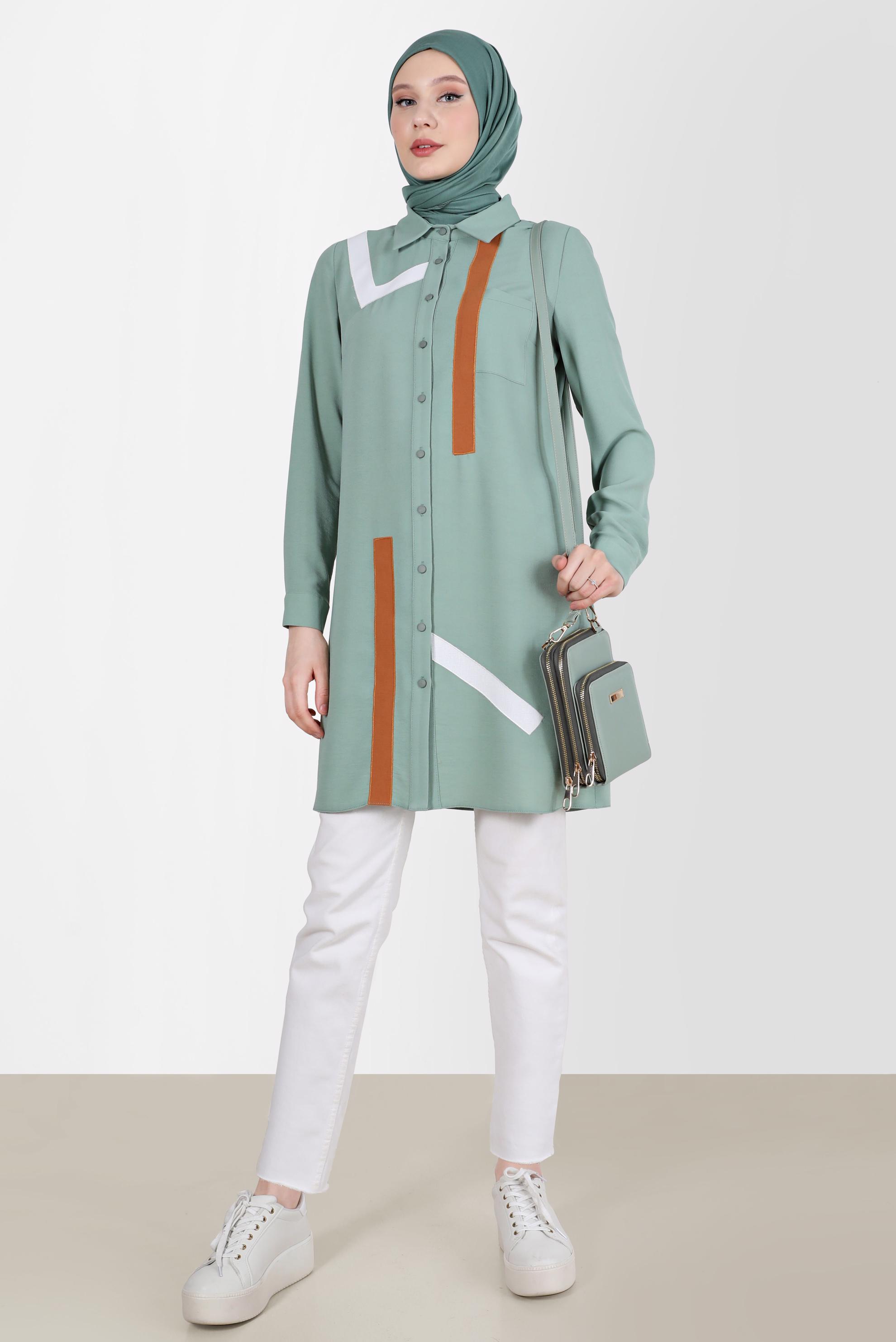 Tesettür giyim YEŞİL GEOMETRİK ŞEKİL DETAYLI TUNİK 42602 