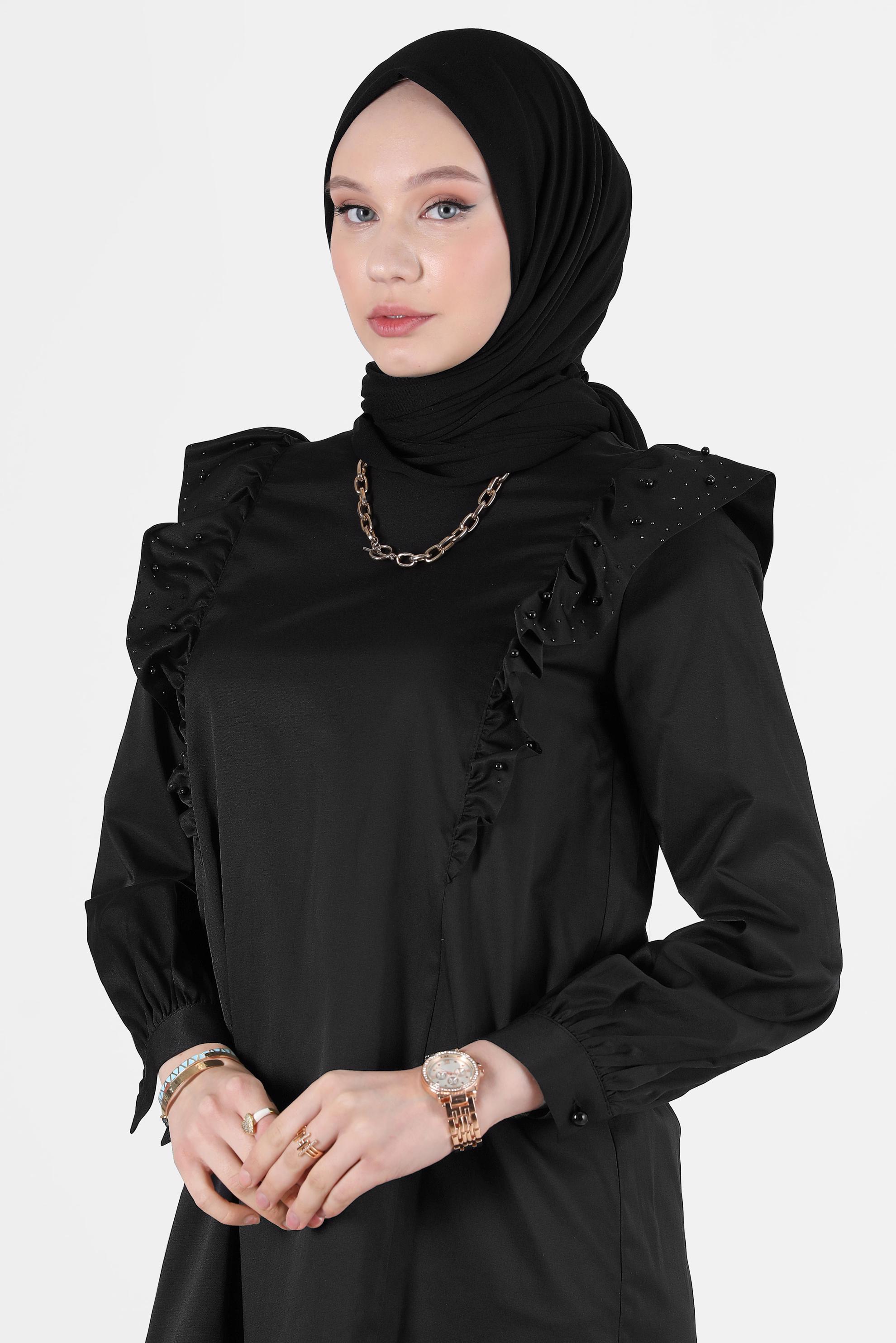 Tesettür giyim SİYAH FIRFIRLI TUNİK 42603