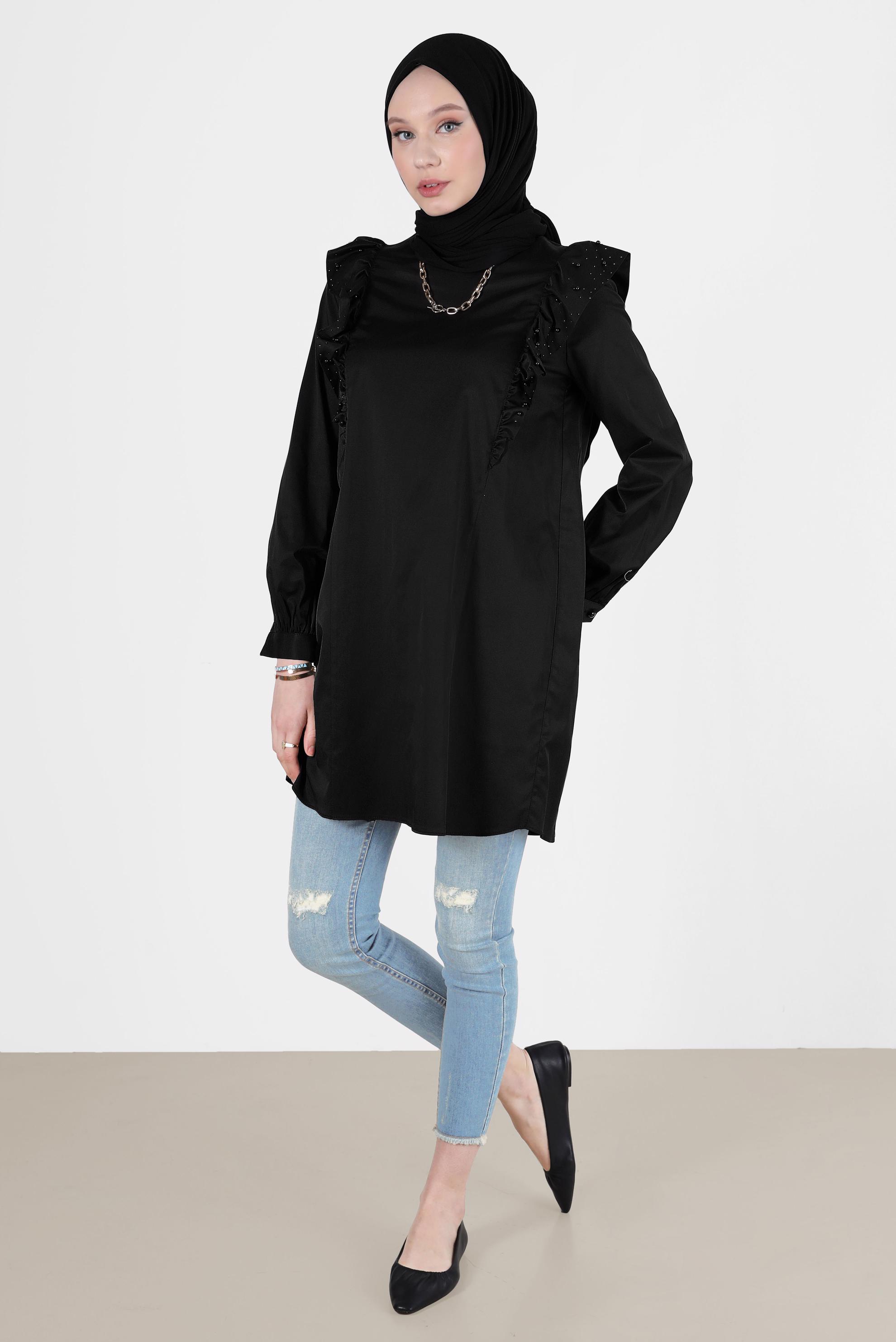 Tesettür giyim SİYAH FIRFIRLI TUNİK 42603