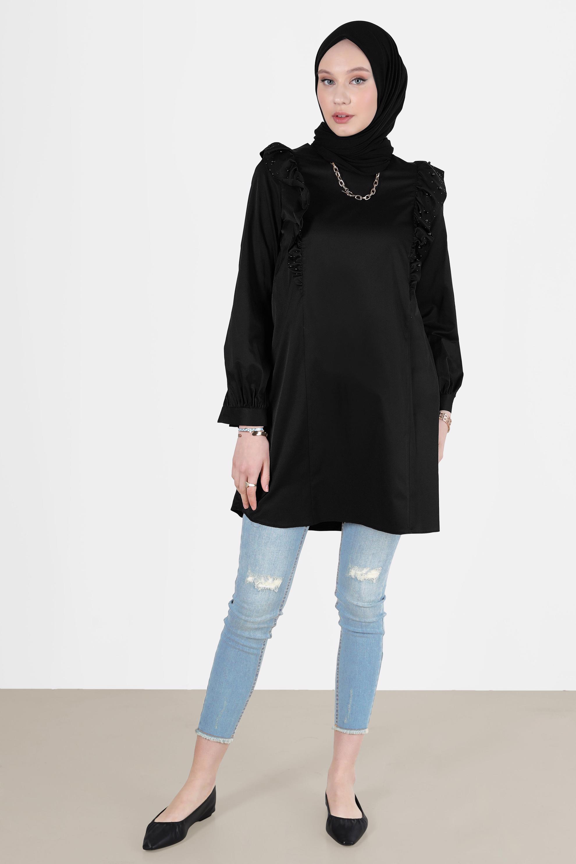 Tesettür giyim SİYAH FIRFIRLI TUNİK 42603