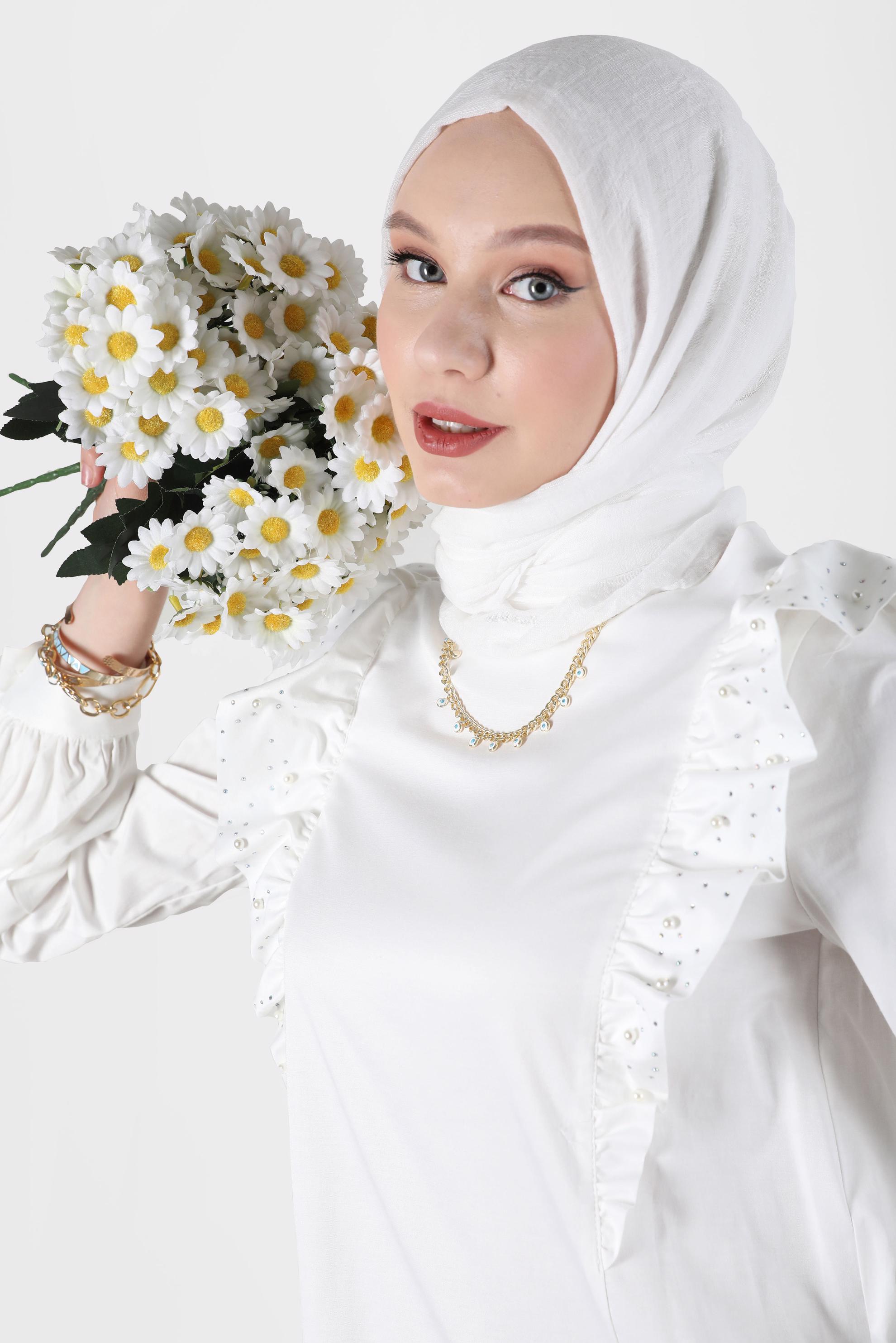 Tesettür giyim BEYAZ FIRFIRLI TUNİK 42603