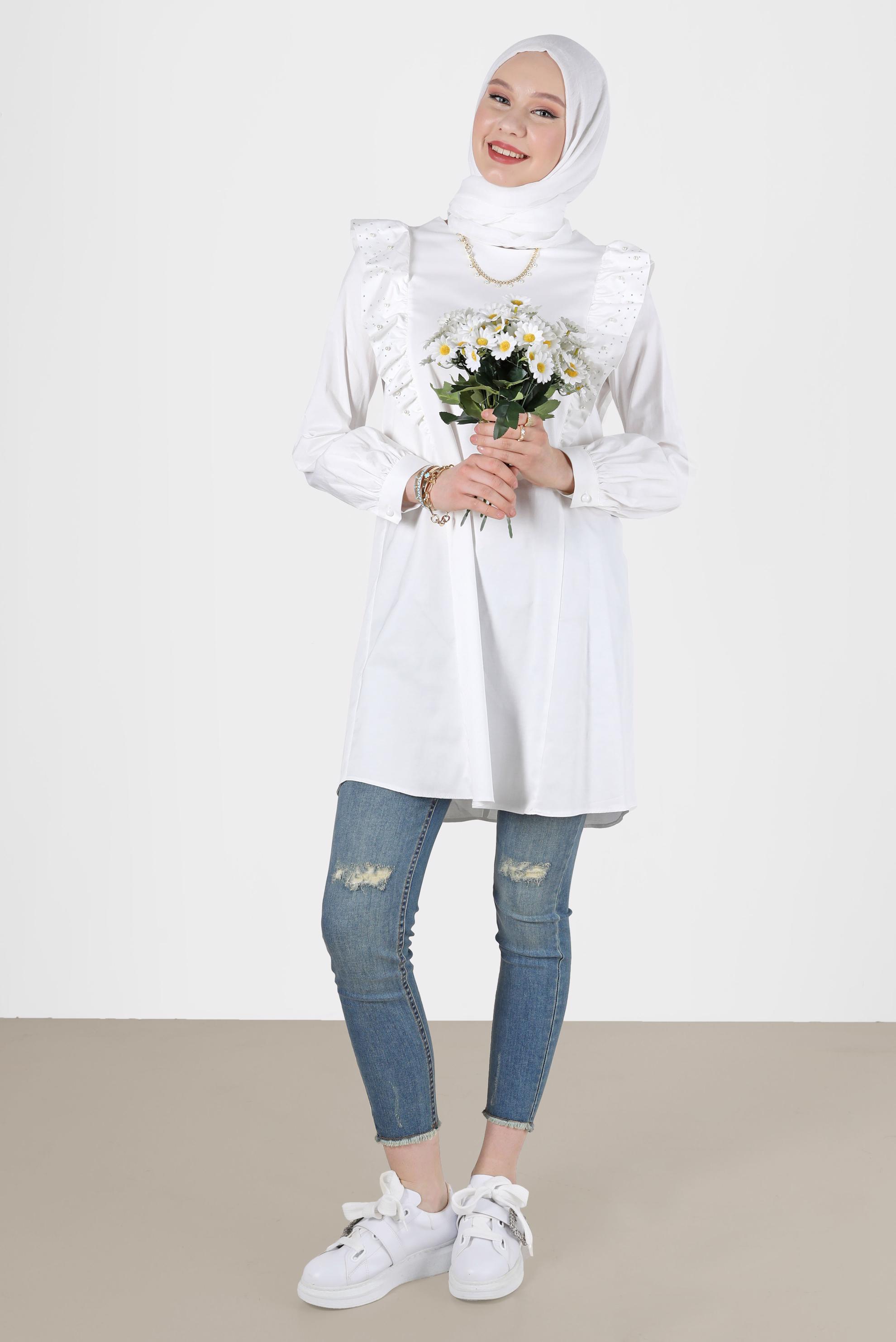 Tesettür giyim BEYAZ FIRFIRLI TUNİK 42603