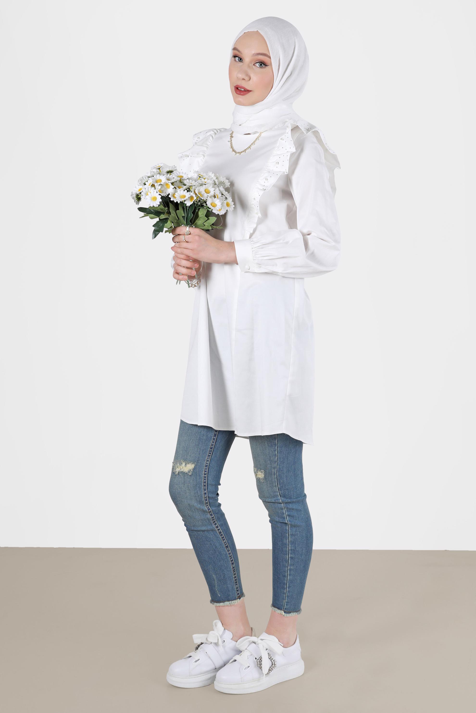 Tesettür giyim BEYAZ FIRFIRLI TUNİK 42603