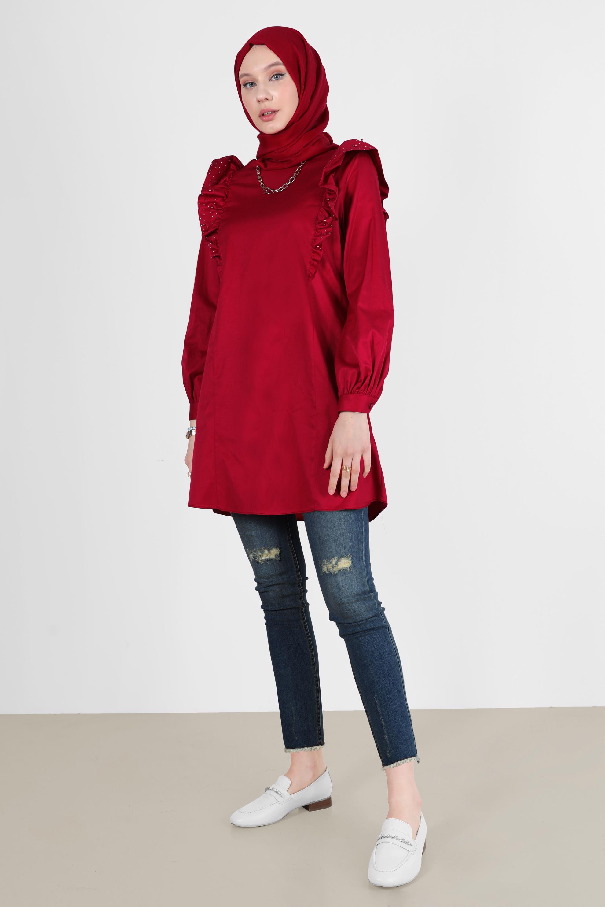 Tesettür giyim BORDO FIRFIRLI TUNİK 42603