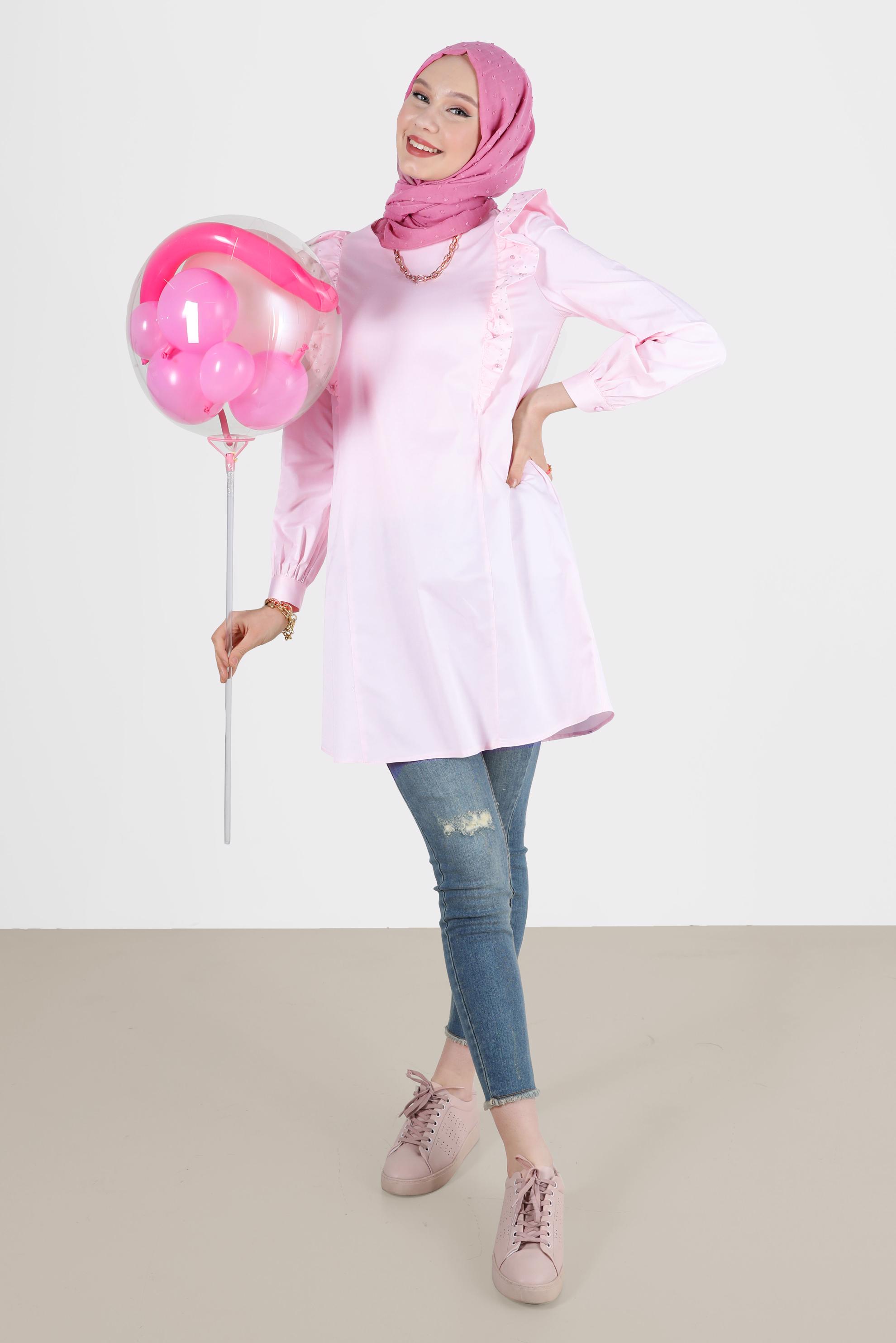 Tesettür giyim PEMBE FIRFIRLI TUNİK 42603