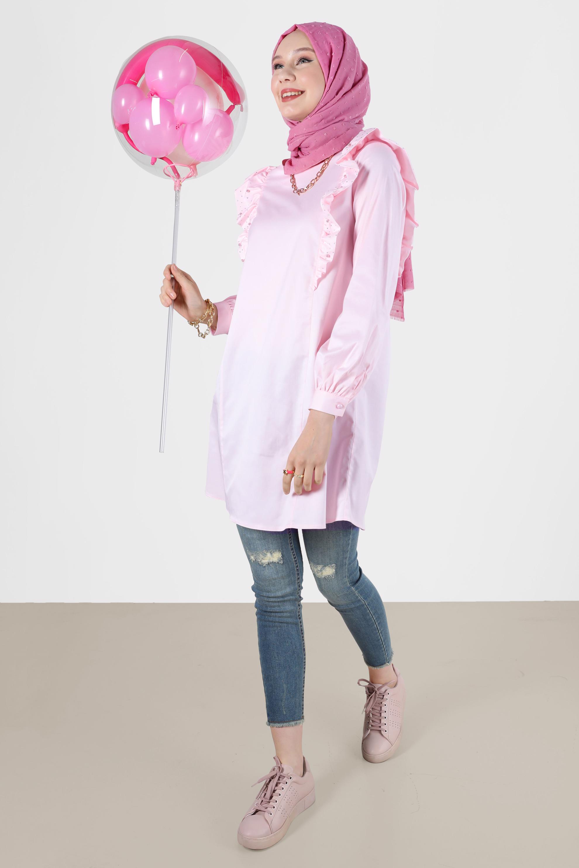 Tesettür giyim PEMBE FIRFIRLI TUNİK 42603