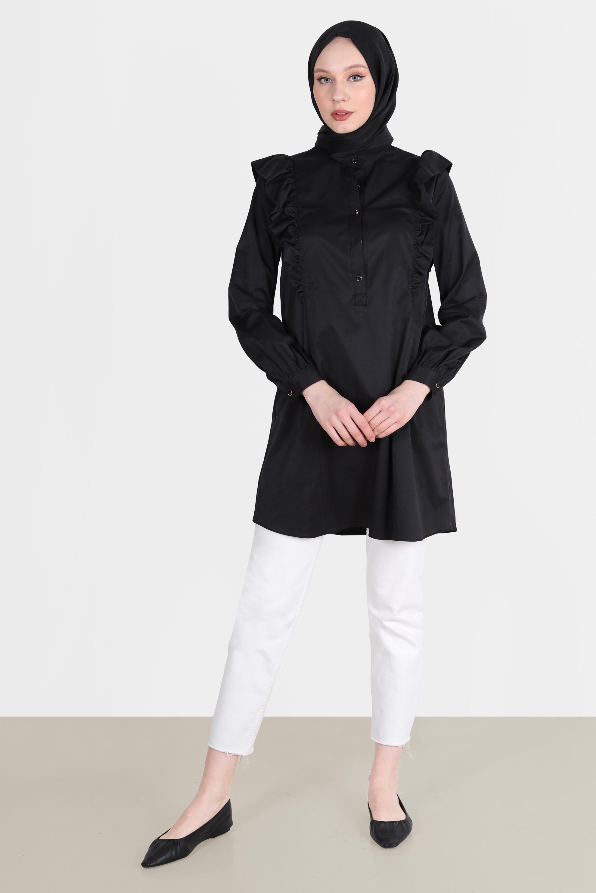 Tesettür giyim SİYAH OMUZLARI FIRFIR DETAYLI TUNİK 42604 