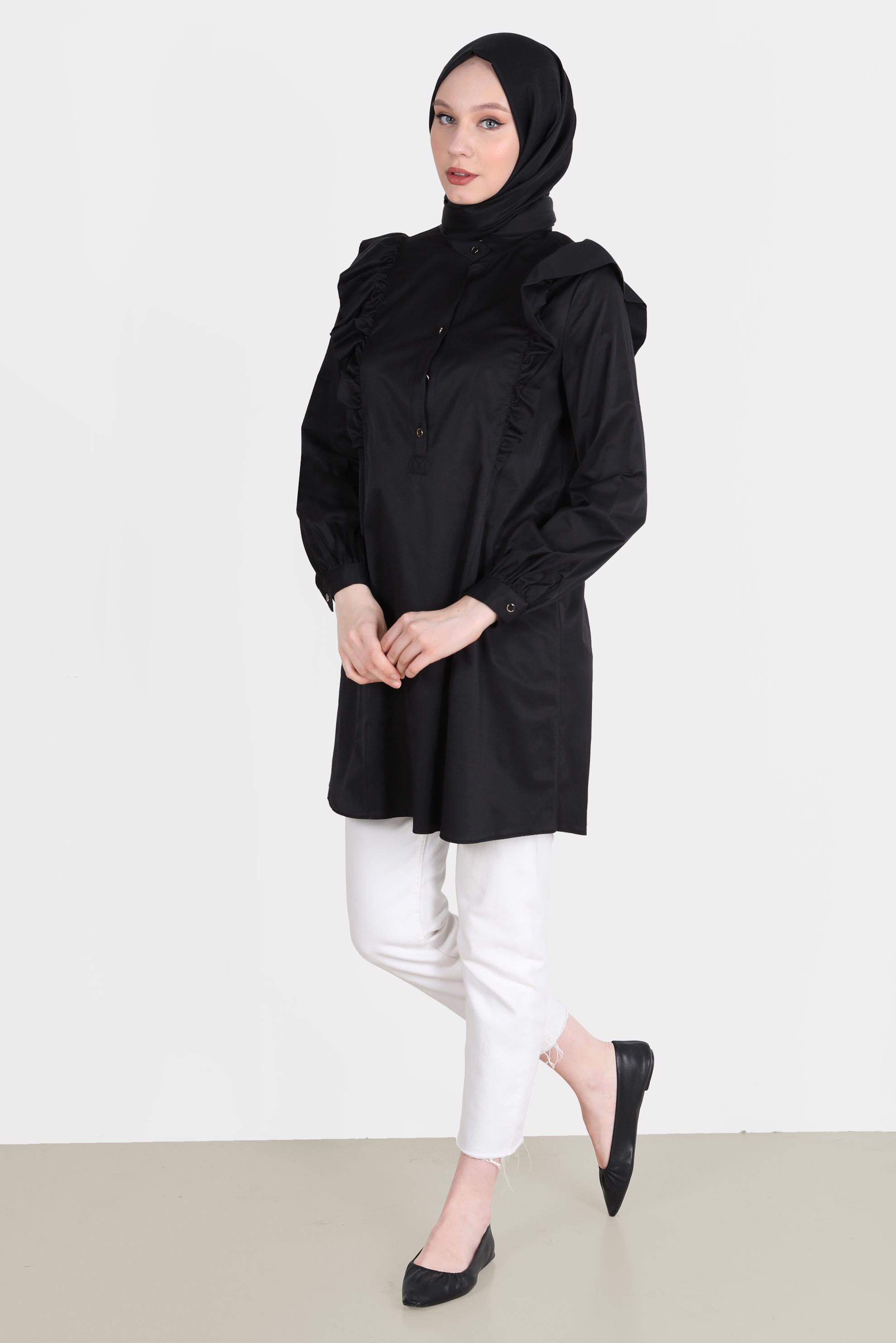 Tesettür giyim SİYAH OMUZLARI FIRFIR DETAYLI TUNİK 42604 