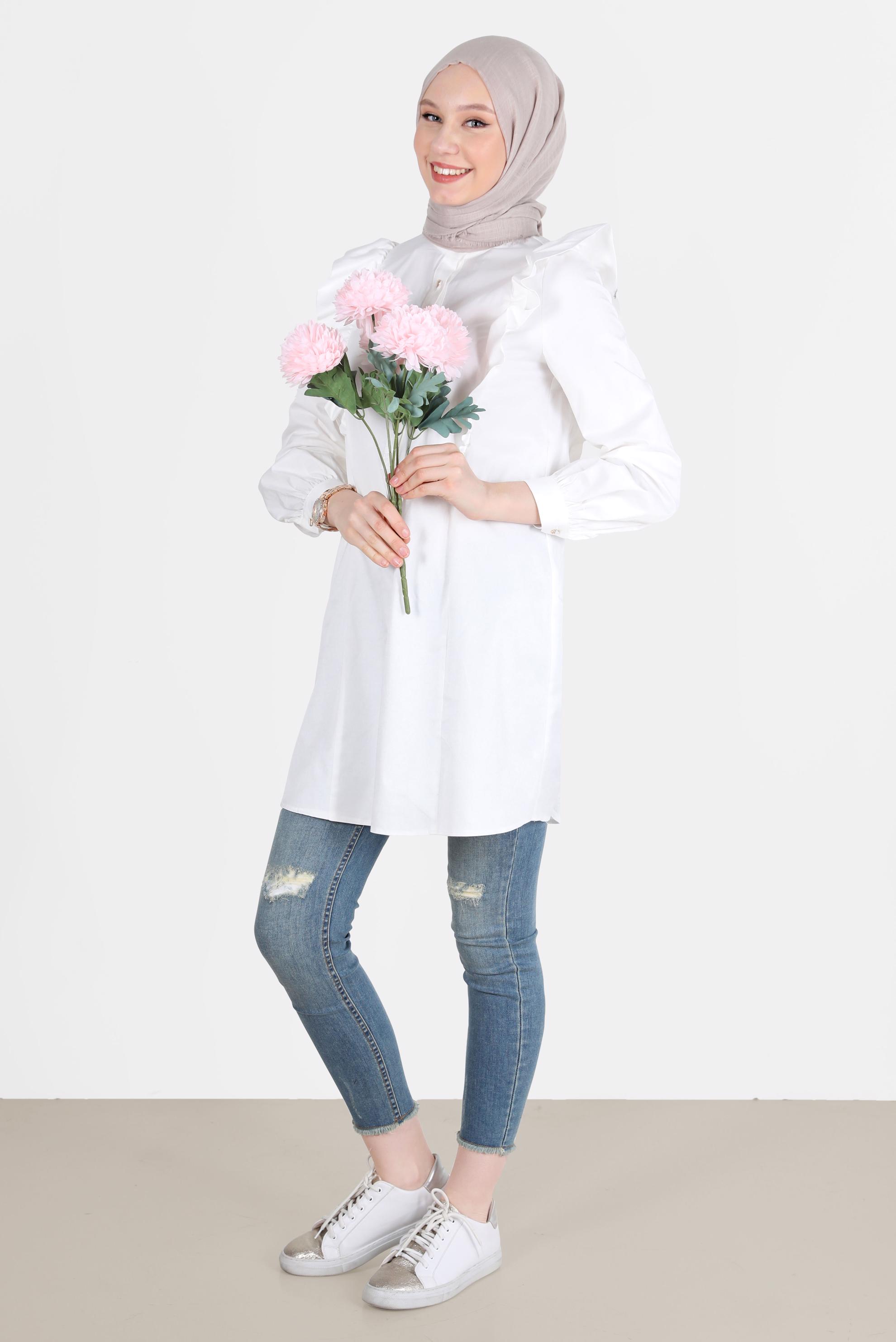 Tesettür giyim BEYAZ OMUZLARI FIRFIR DETAYLI TUNİK 42604 