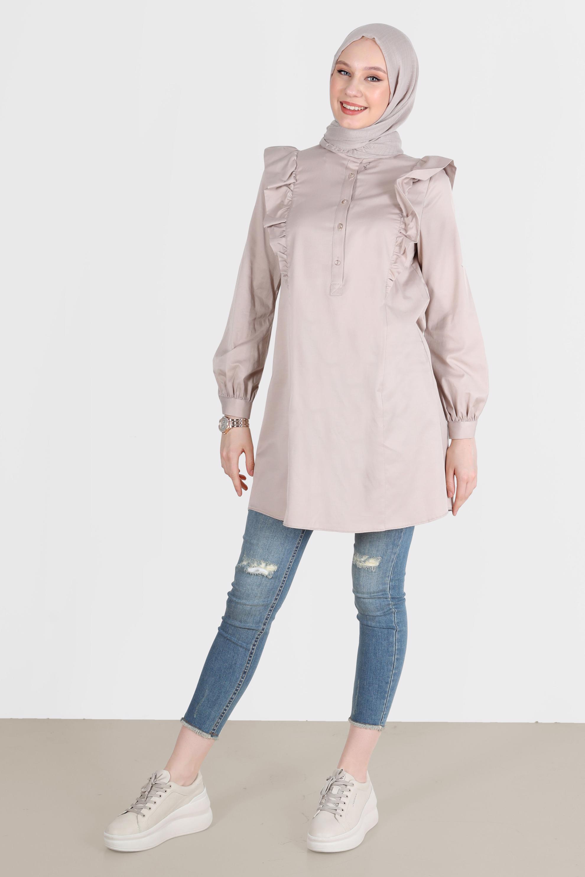 Tesettür giyim BEJ OMUZLARI FIRFIR DETAYLI TUNİK 42604 