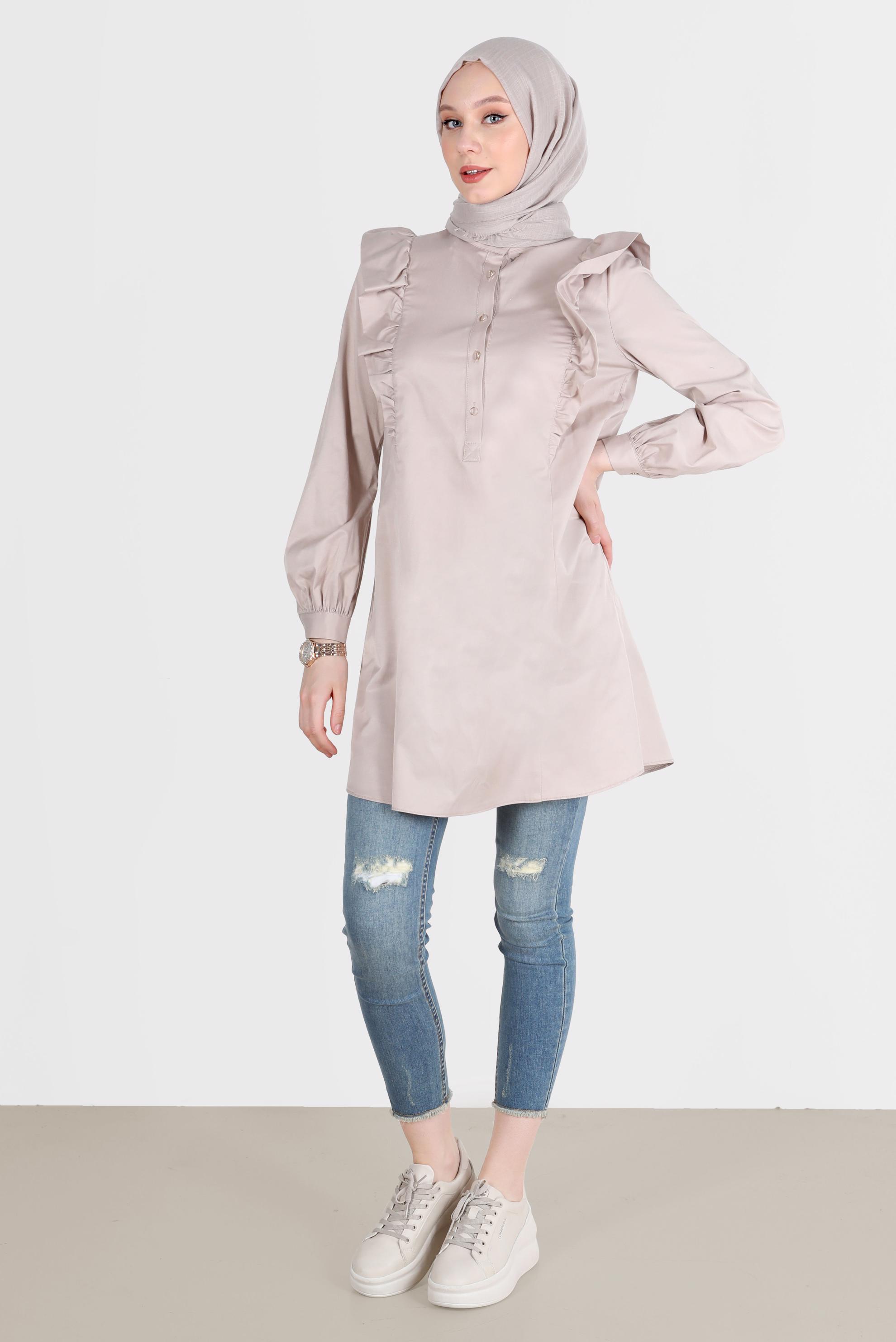 Tesettür giyim BEJ OMUZLARI FIRFIR DETAYLI TUNİK 42604 