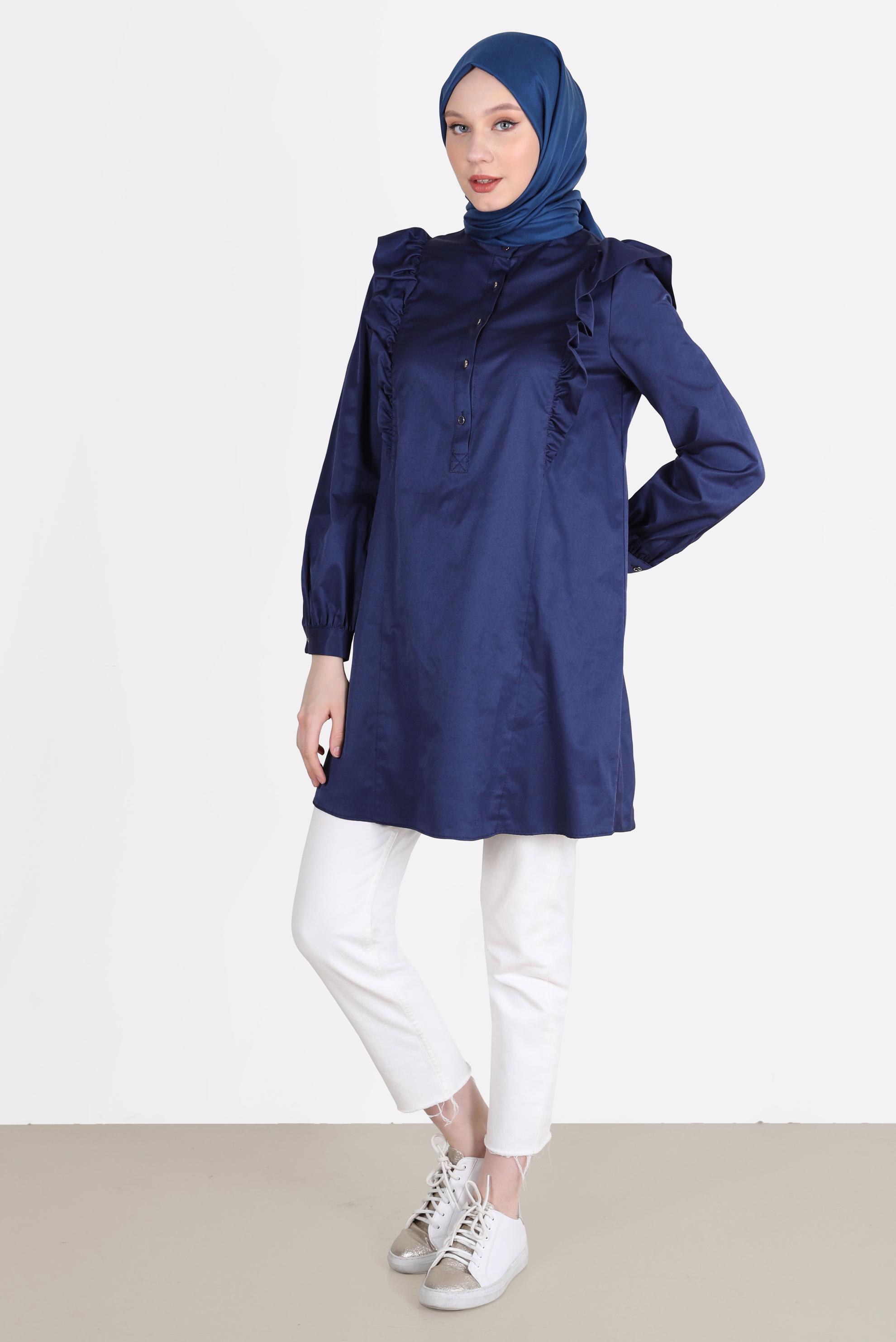 Tesettür giyim LACİVERT OMUZLARI FIRFIR DETAYLI TUNİK 42604 