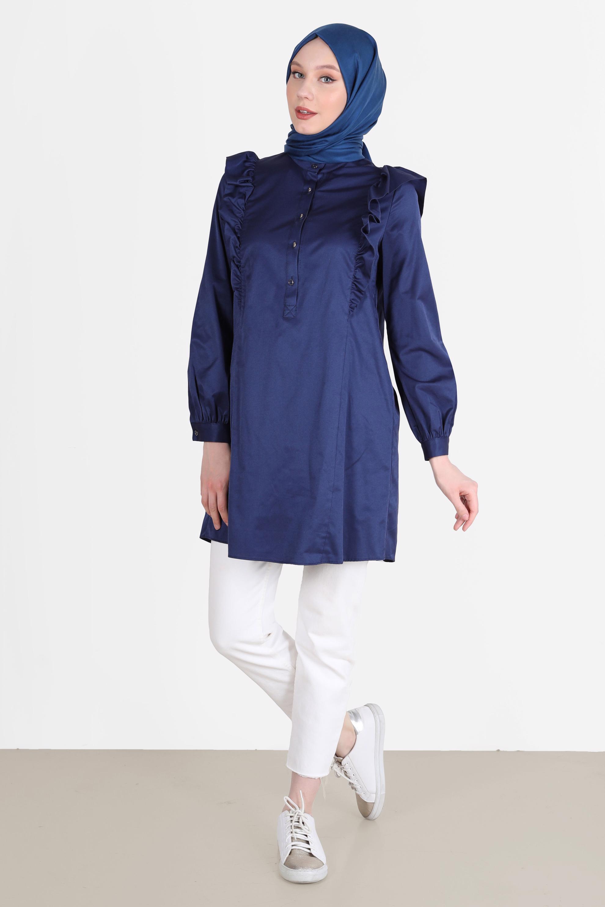 Tesettür giyim LACİVERT OMUZLARI FIRFIR DETAYLI TUNİK 42604 