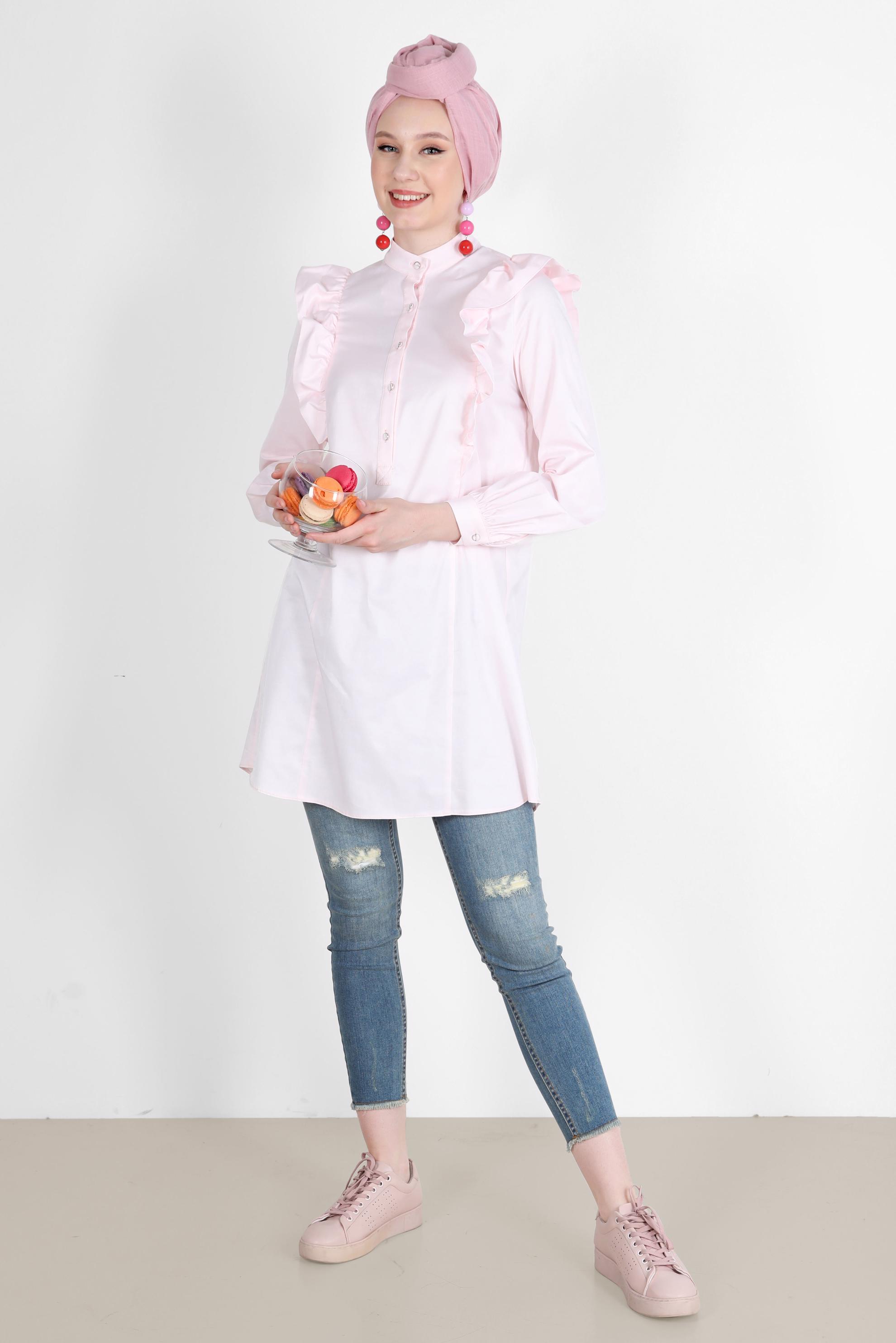 Tesettür giyim PEMBE OMUZLARI FIRFIR DETAYLI TUNİK 42604 