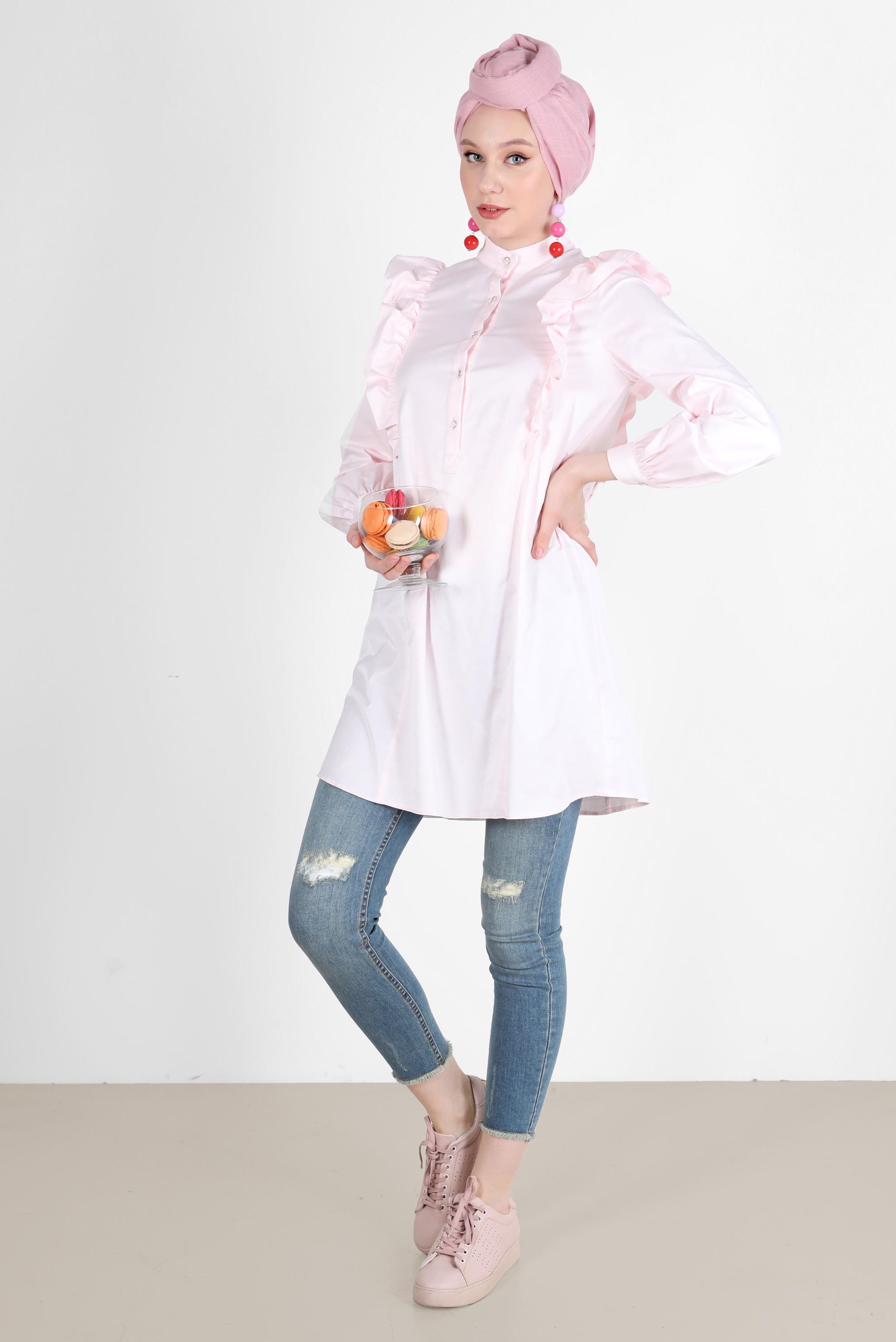 Tesettür giyim PEMBE OMUZLARI FIRFIR DETAYLI TUNİK 42604 