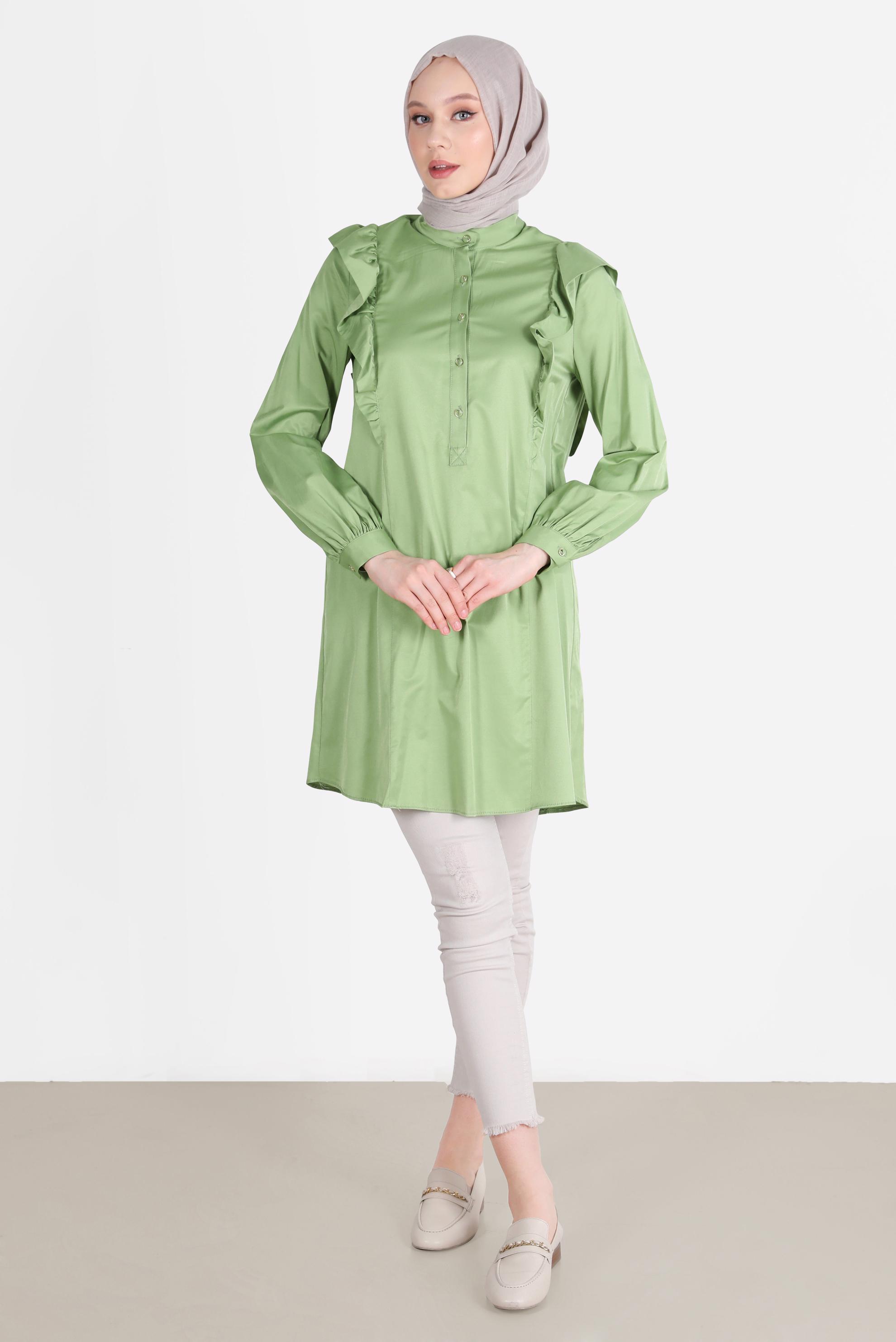 Tesettür giyim YEŞİL OMUZLARI FIRFIR DETAYLI TUNİK 42604 