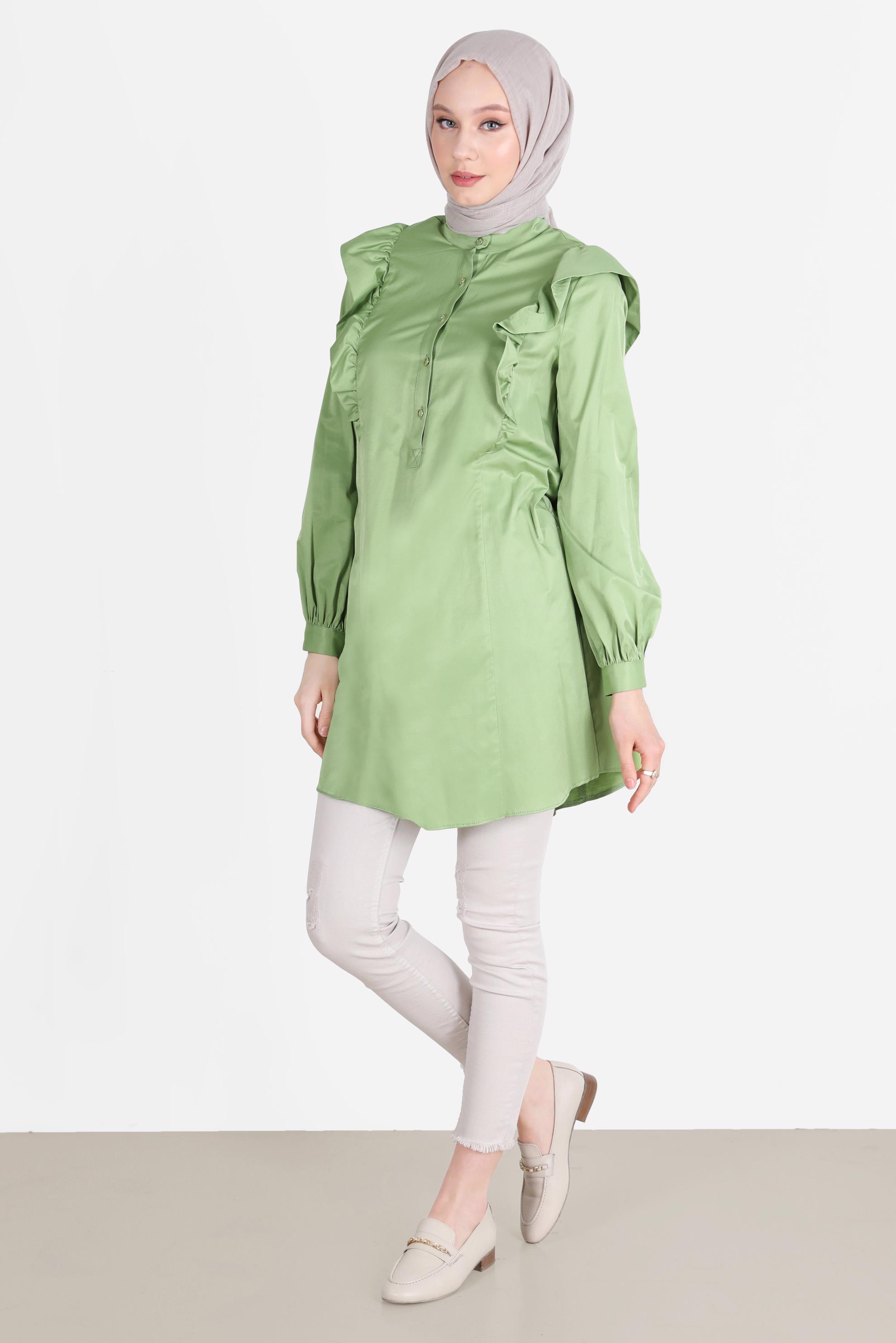 Tesettür giyim YEŞİL OMUZLARI FIRFIR DETAYLI TUNİK 42604 