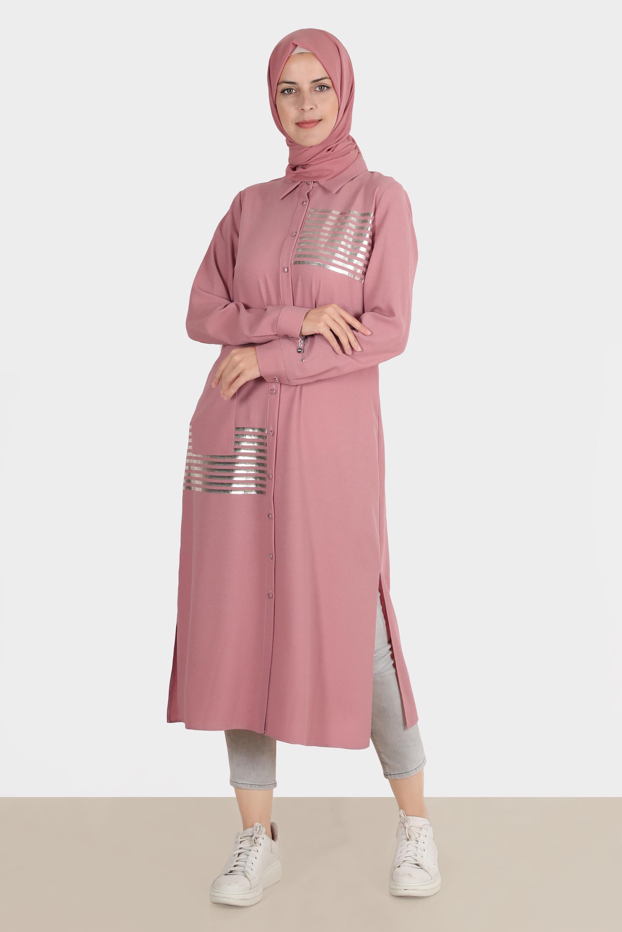Tesettür giyim PUDRA PARLAK ŞERİT DETAYLI TUNİK 42605 