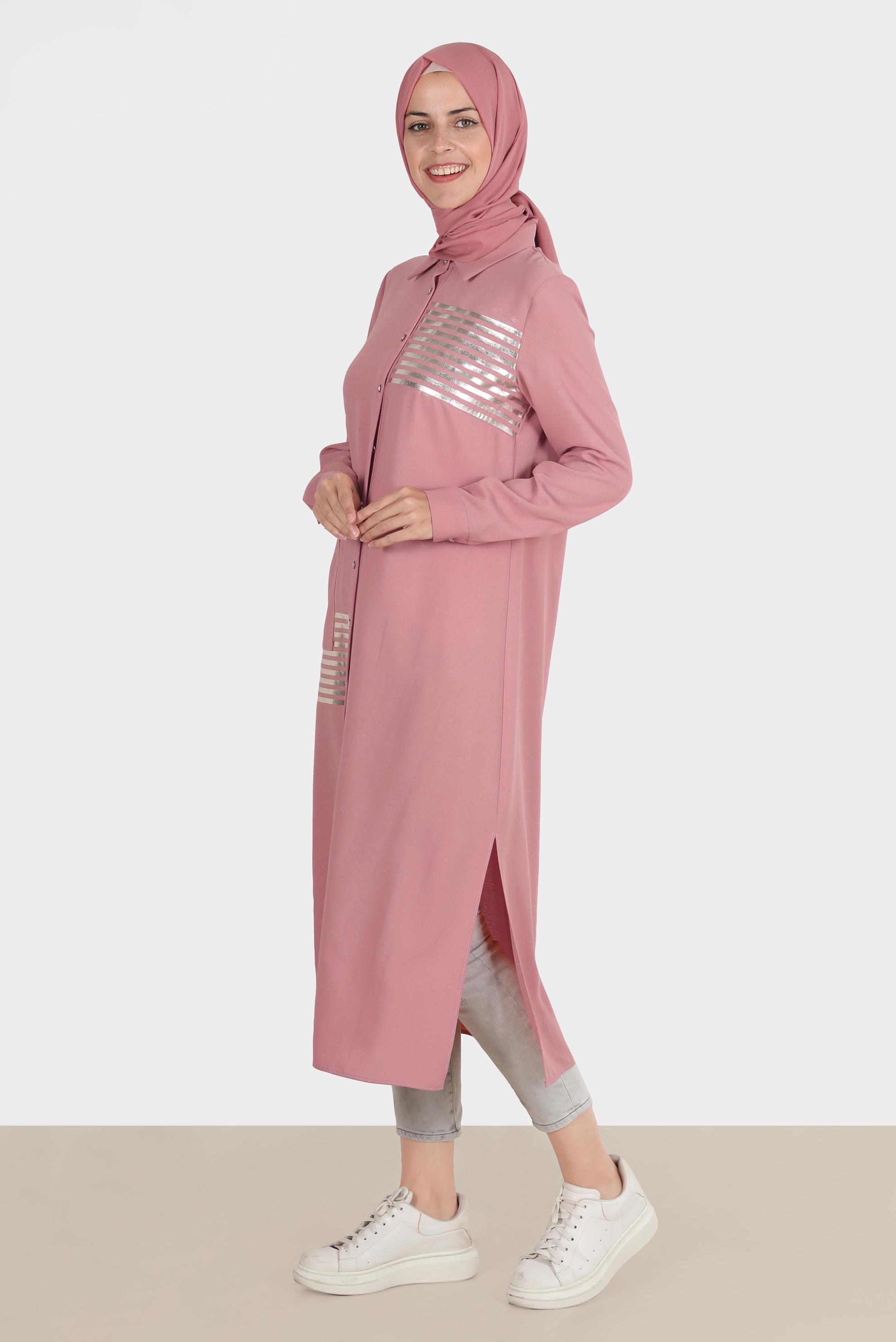 Tesettür giyim PUDRA PARLAK ŞERİT DETAYLI TUNİK 42605 