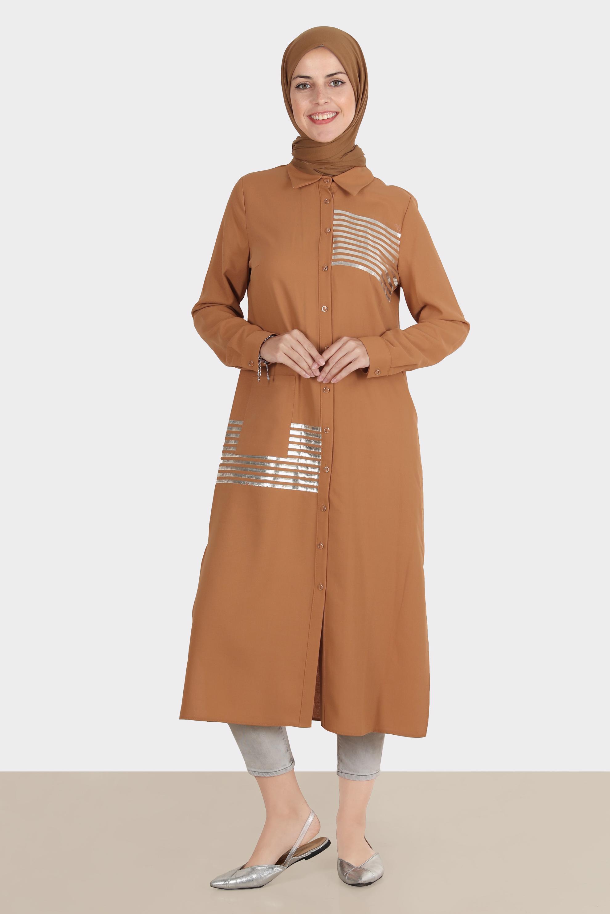 Tesettür giyim KAHVE PARLAK ŞERİT DETAYLI TUNİK 42605 