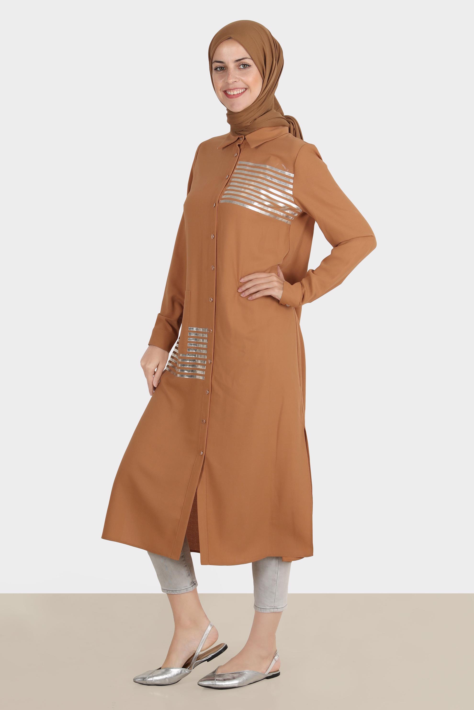 Tesettür giyim KAHVE PARLAK ŞERİT DETAYLI TUNİK 42605 