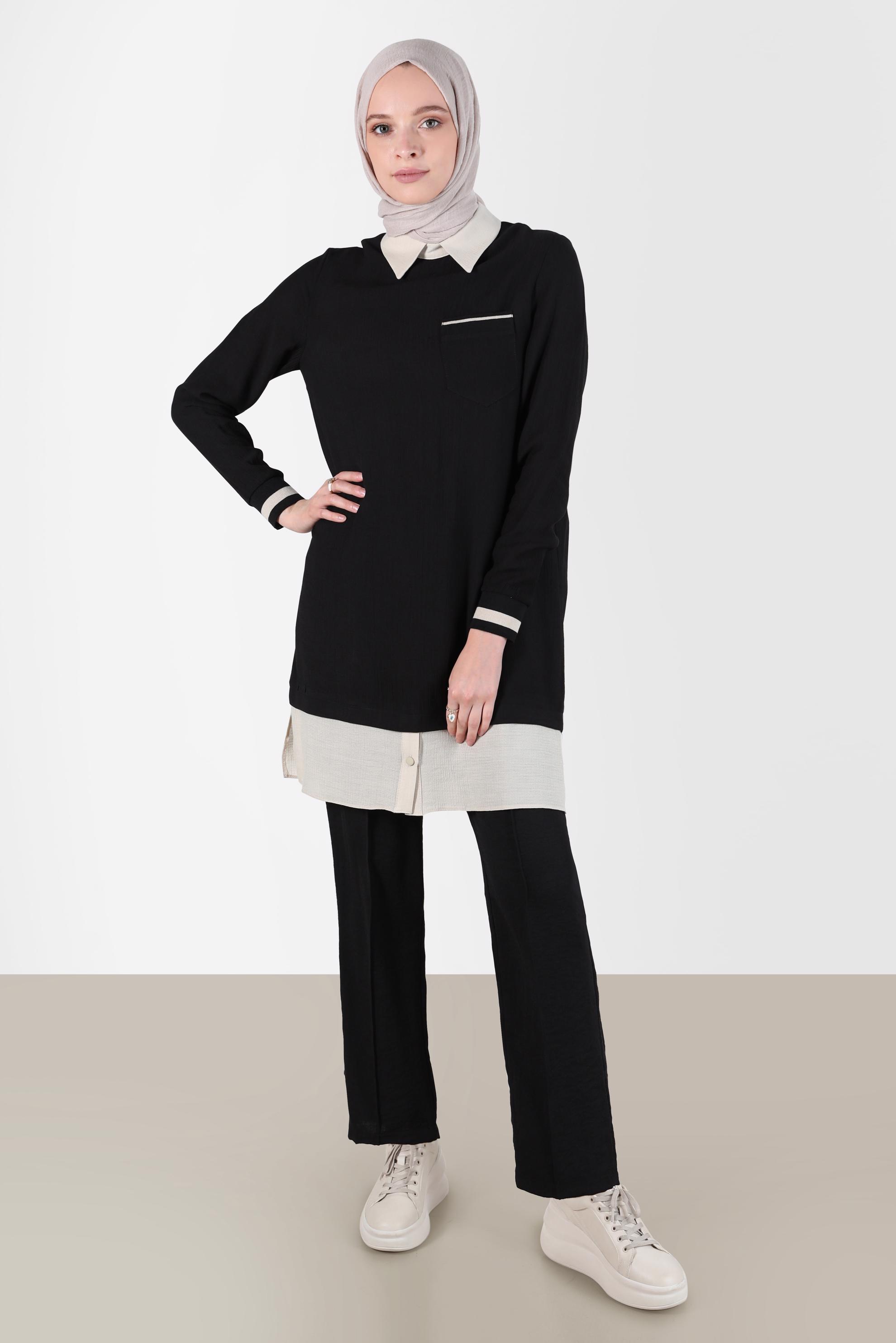 Tesettür giyim SİYAH GÖMLEK PARÇA DETAYLI CEPLİ TUNİK 42606 