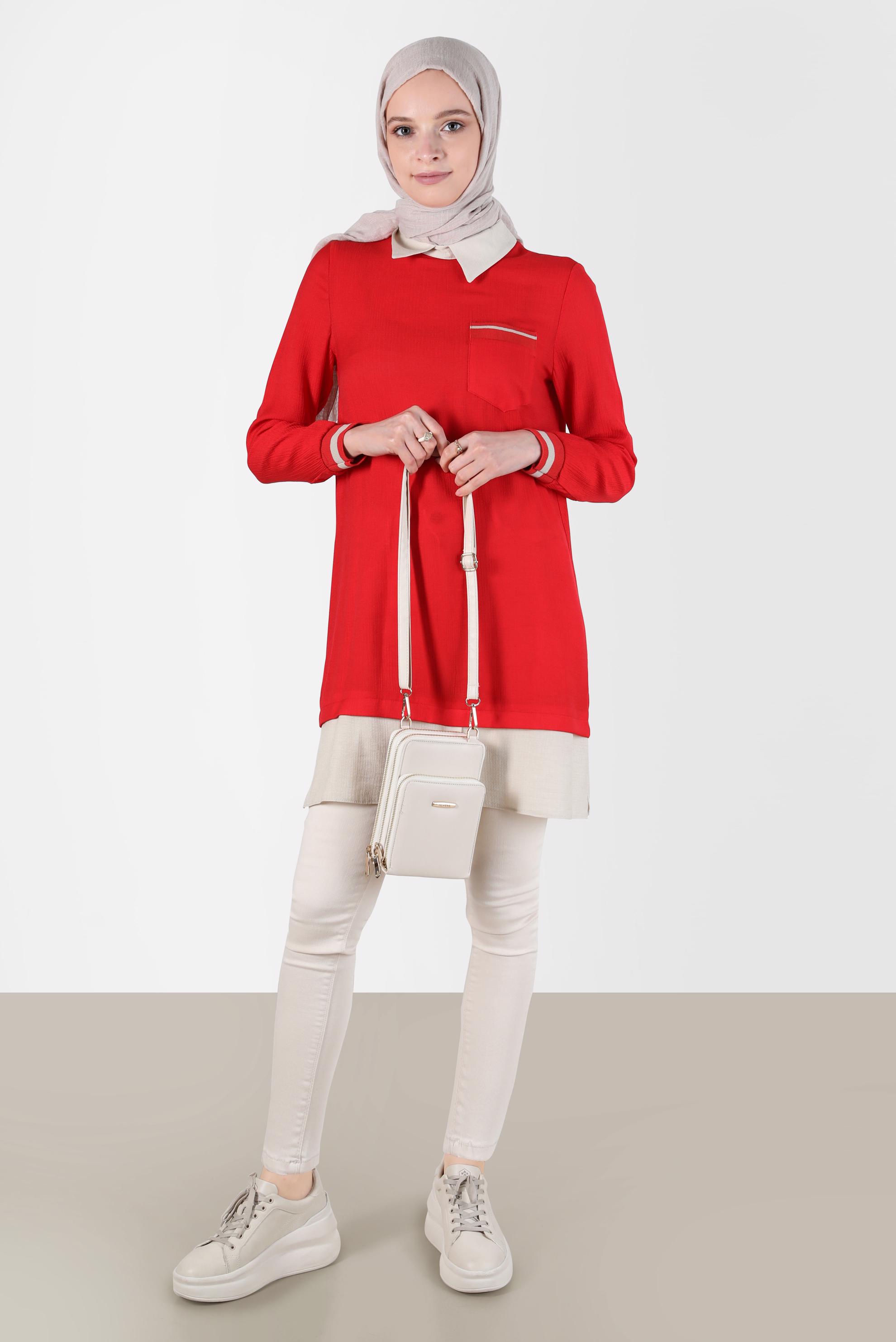 Tesettür giyim KIRMIZI GÖMLEK PARÇA DETAYLI CEPLİ TUNİK 42606 