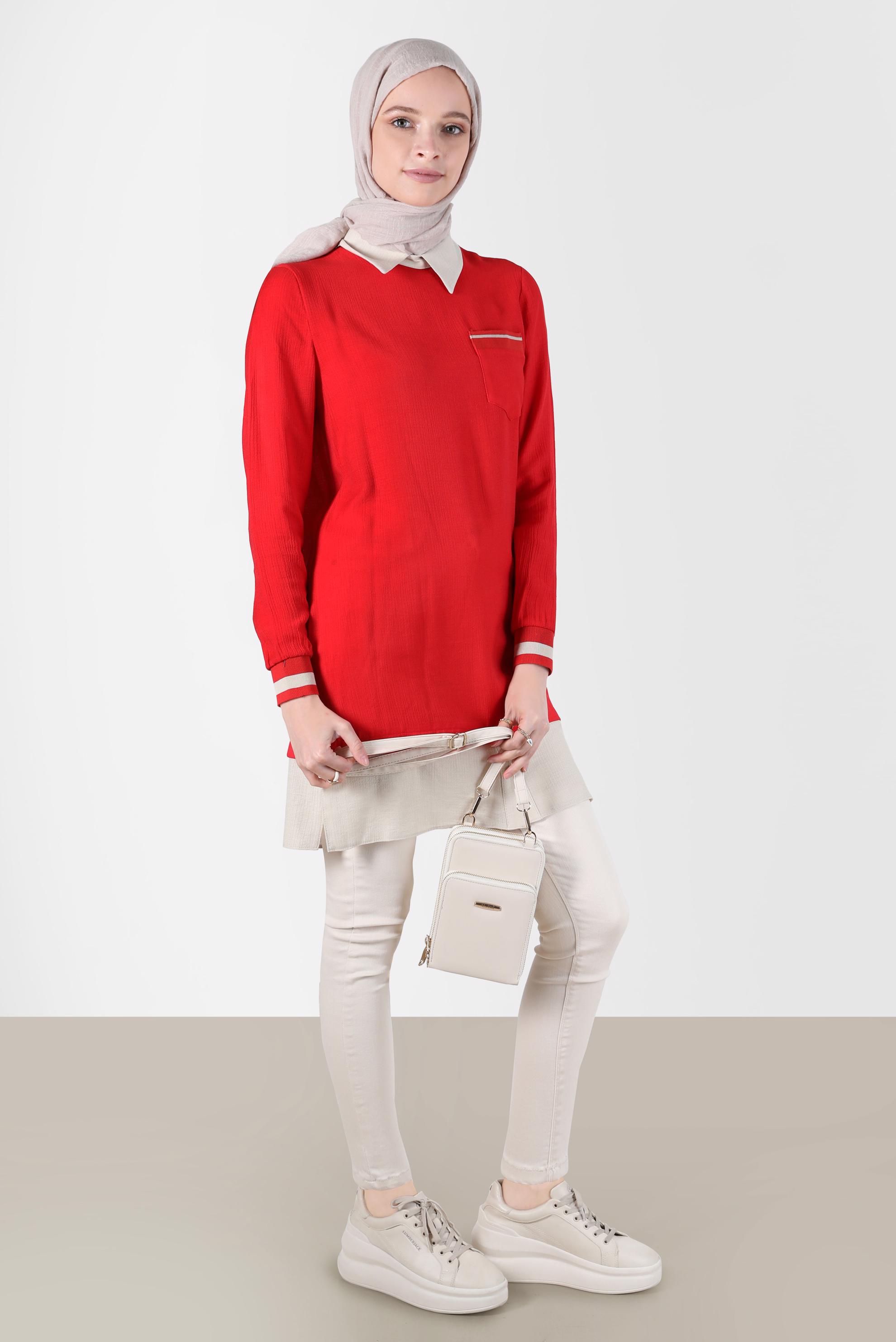 Tesettür giyim KIRMIZI GÖMLEK PARÇA DETAYLI CEPLİ TUNİK 42606 