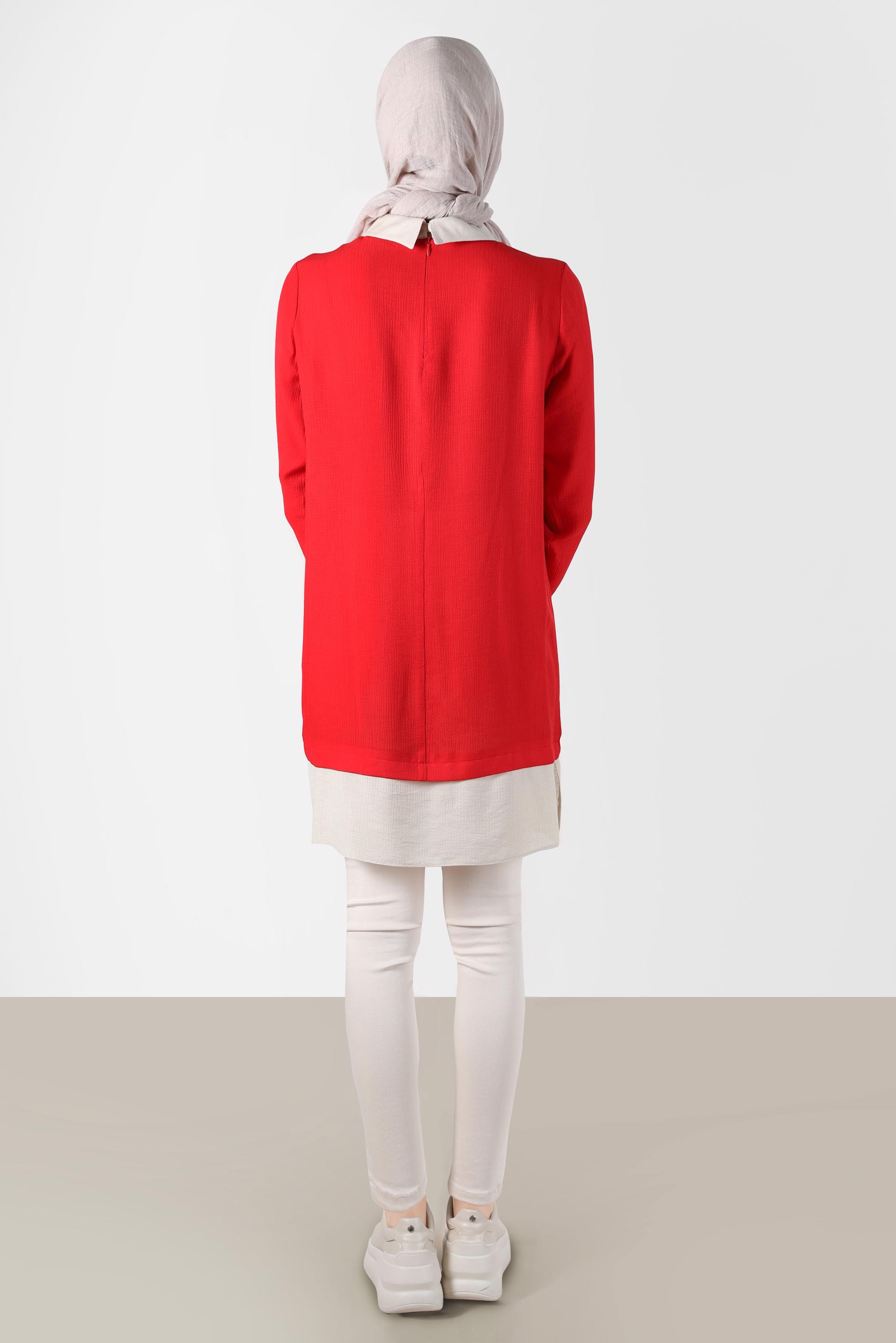 Tesettür giyim KIRMIZI GÖMLEK PARÇA DETAYLI CEPLİ TUNİK 42606 