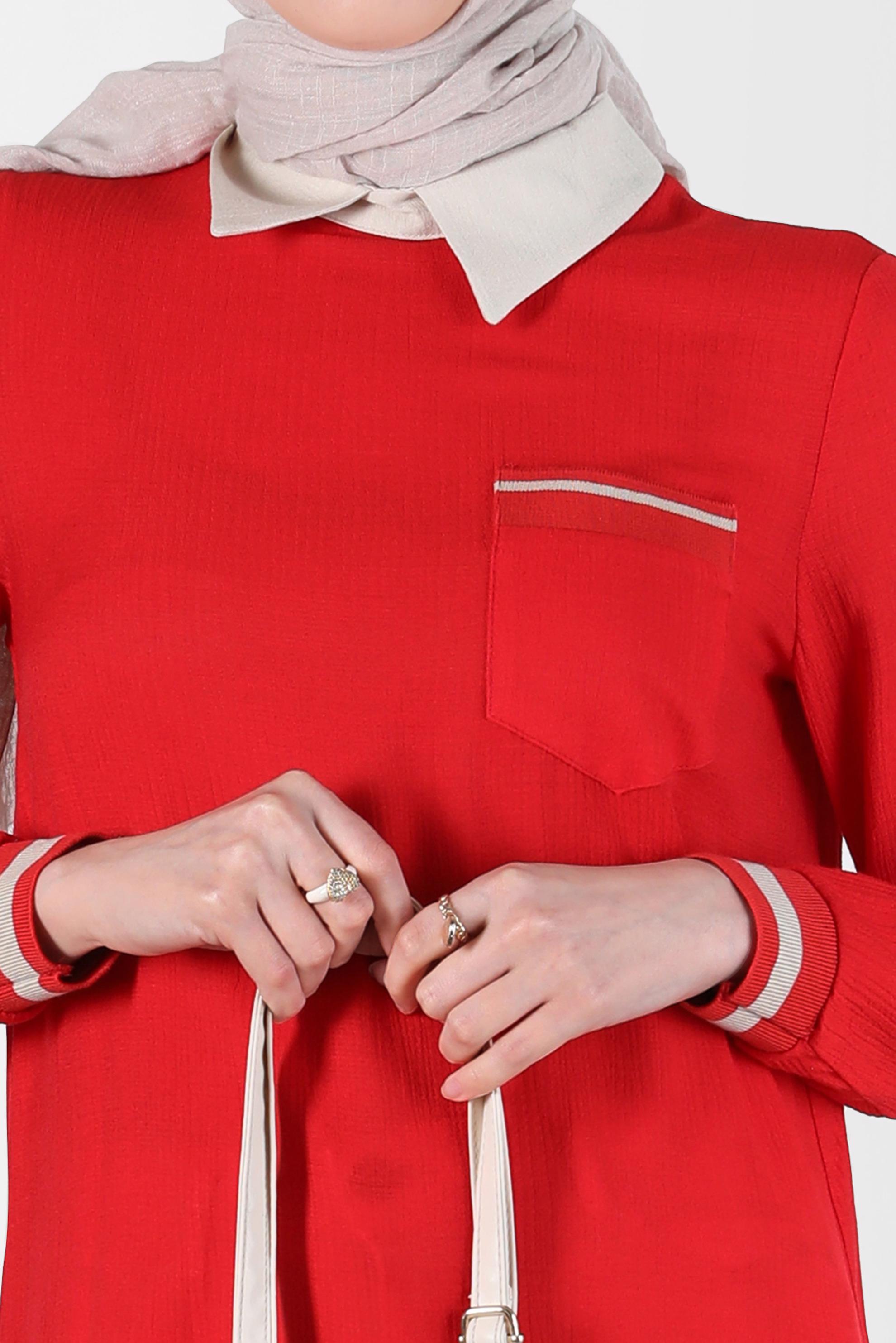 Tesettür giyim KIRMIZI GÖMLEK PARÇA DETAYLI CEPLİ TUNİK 42606 