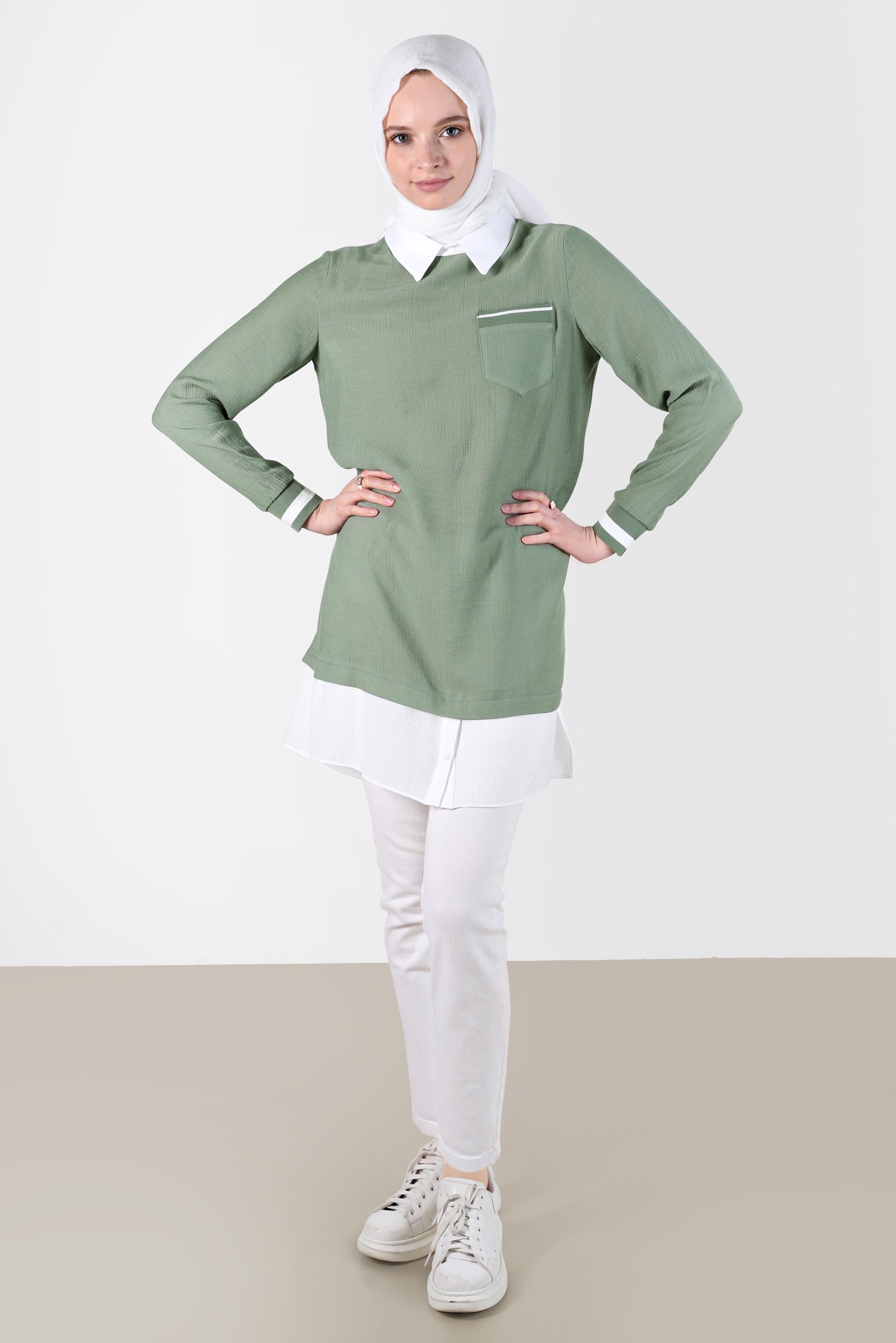 Tesettür giyim HAKİ GÖMLEK PARÇA DETAYLI CEPLİ TUNİK 42606 