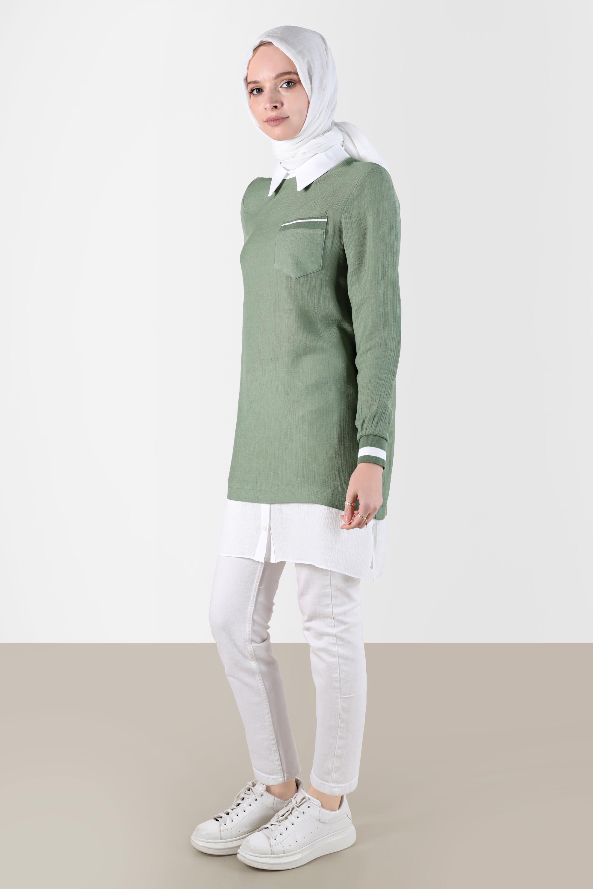 Tesettür giyim HAKİ GÖMLEK PARÇA DETAYLI CEPLİ TUNİK 42606 