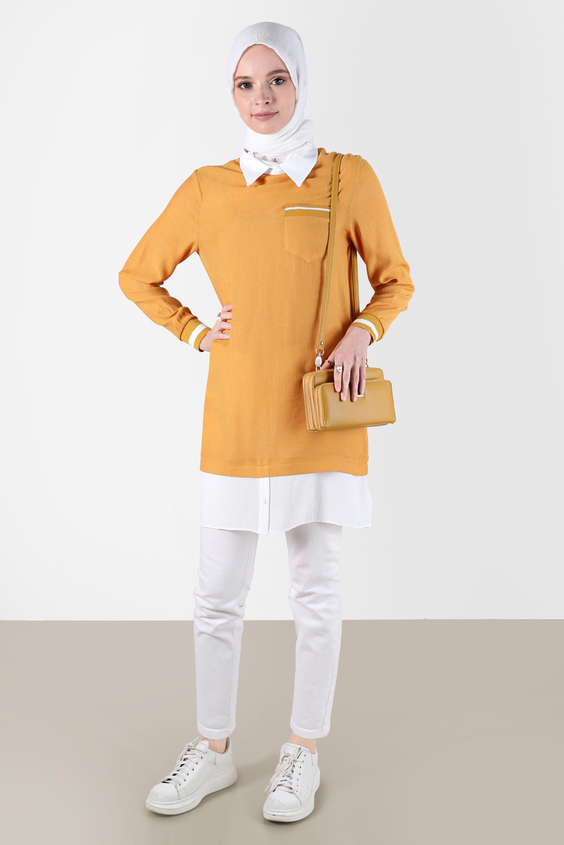 Tesettür giyim SARI GÖMLEK PARÇA DETAYLI CEPLİ TUNİK 42606 