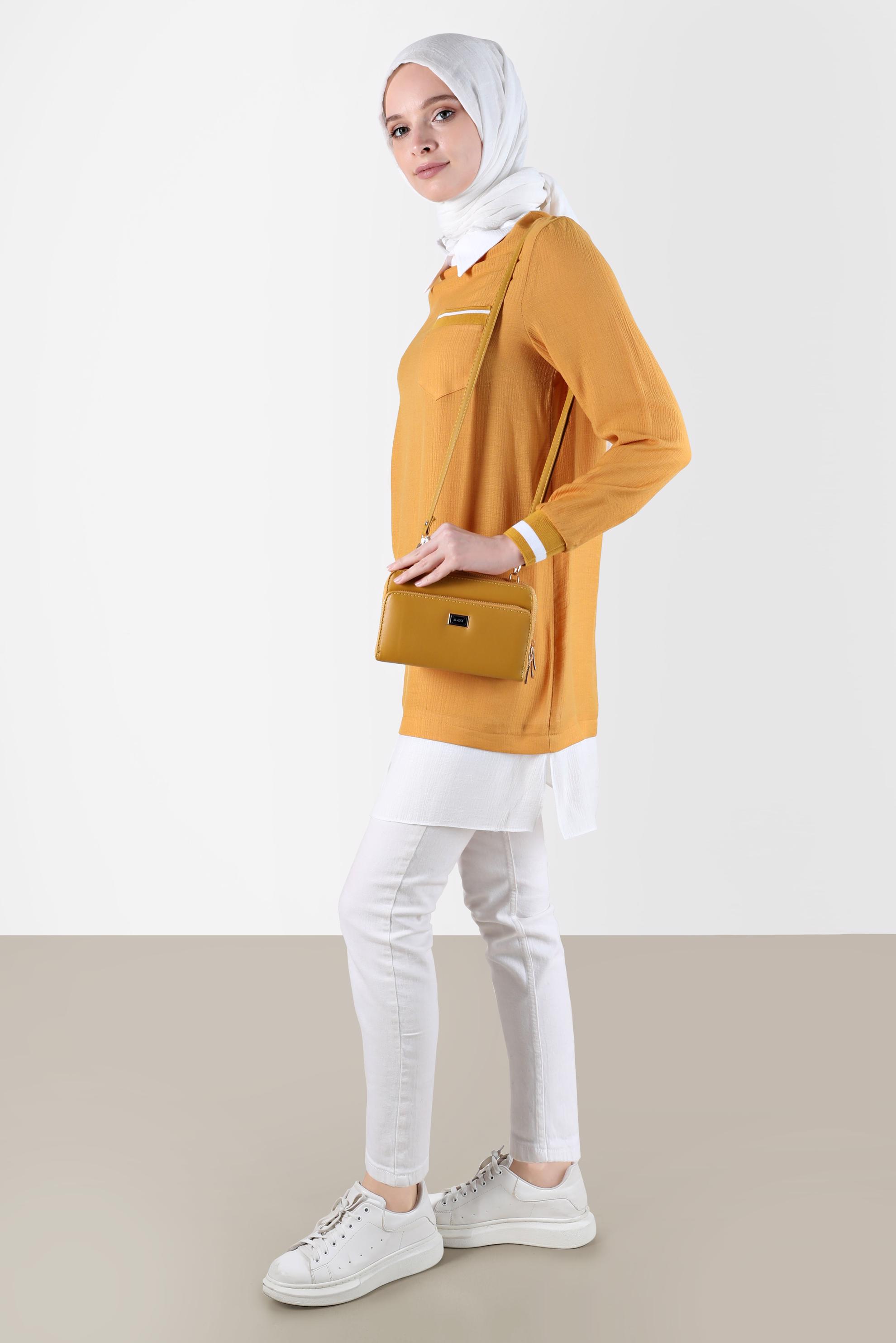 Tesettür giyim SARI GÖMLEK PARÇA DETAYLI CEPLİ TUNİK 42606 